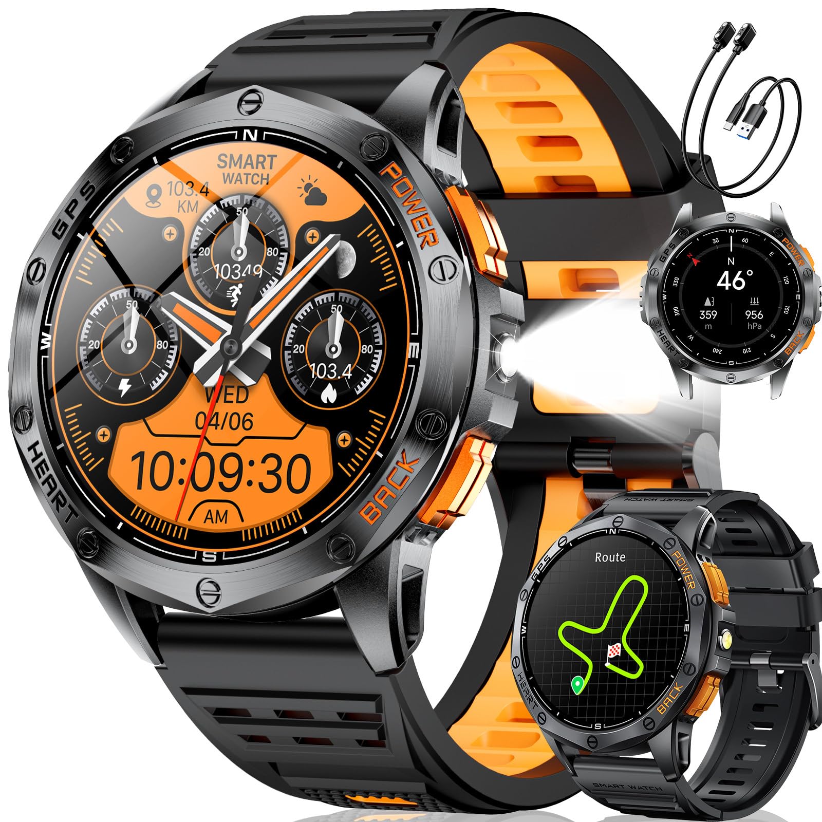 LIGE GPS Smartwatch Herren, Barometerdruck/Höhenmesser/Kompass, 1,43" AMOLED Smart Watch mit LED Taschenlampe/170+ Sportmodi/5ATM/Bluetooth Anrufe/Gesundheitsmonitor für Android iOS