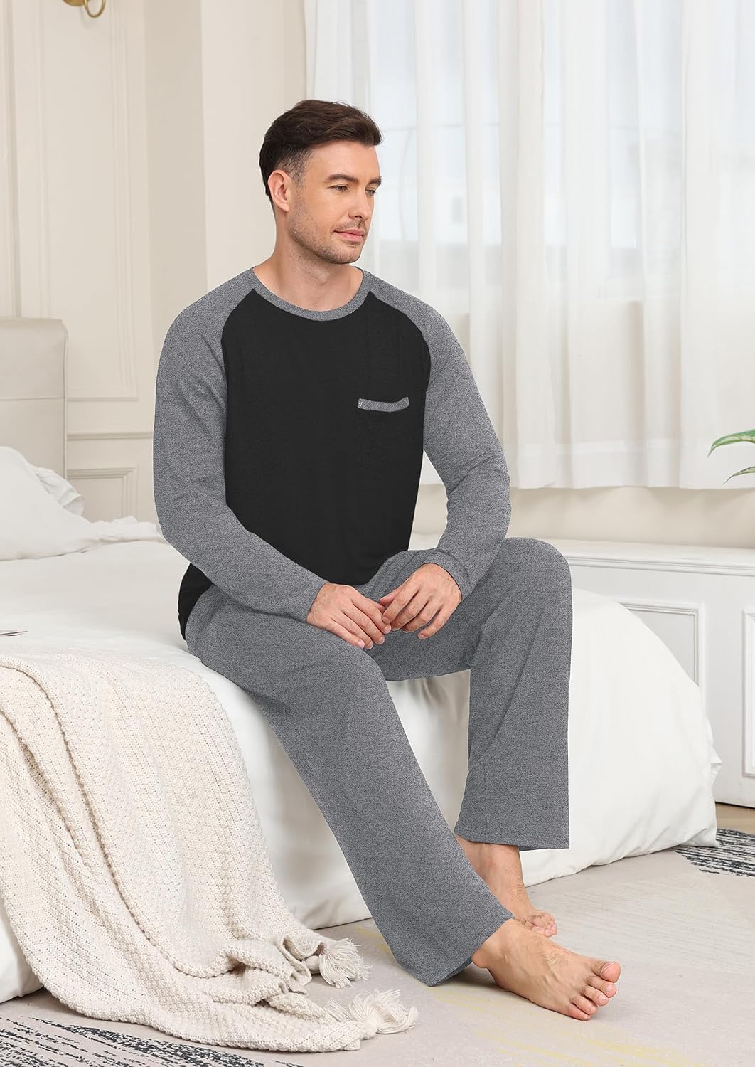Mens Pajamas Set,Long Sleeve T Shirt Pjs Soft 2 Piece Loungewear With Pants