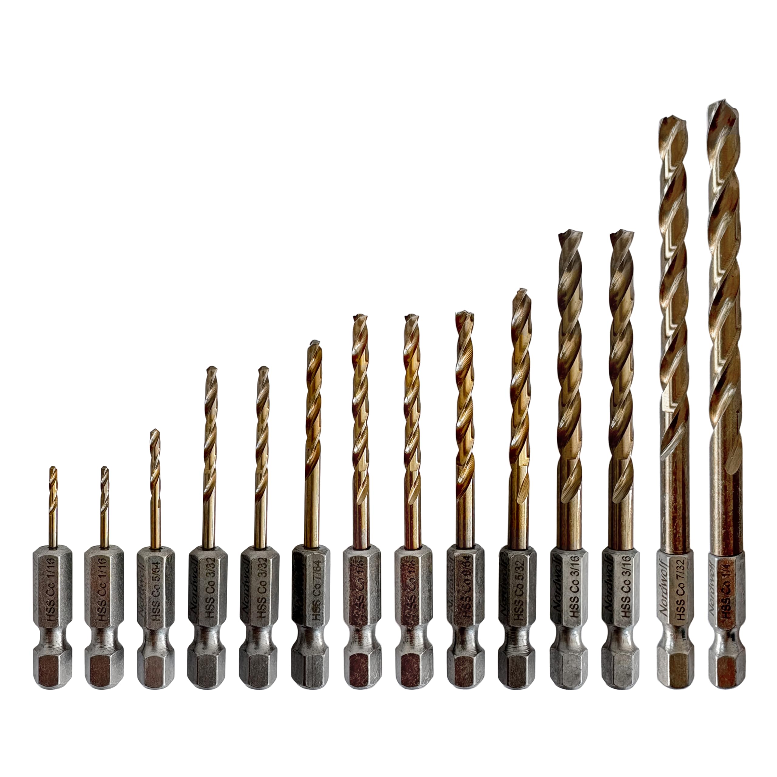 NordWolf 14-Piece M35 Cobalt Drill Bit Set for Stainless Steel, Hard Metals & Cast Iron, Jobber Length with 1/4" Hex Shank, SAE Sizes 1/16" to 1/4" in