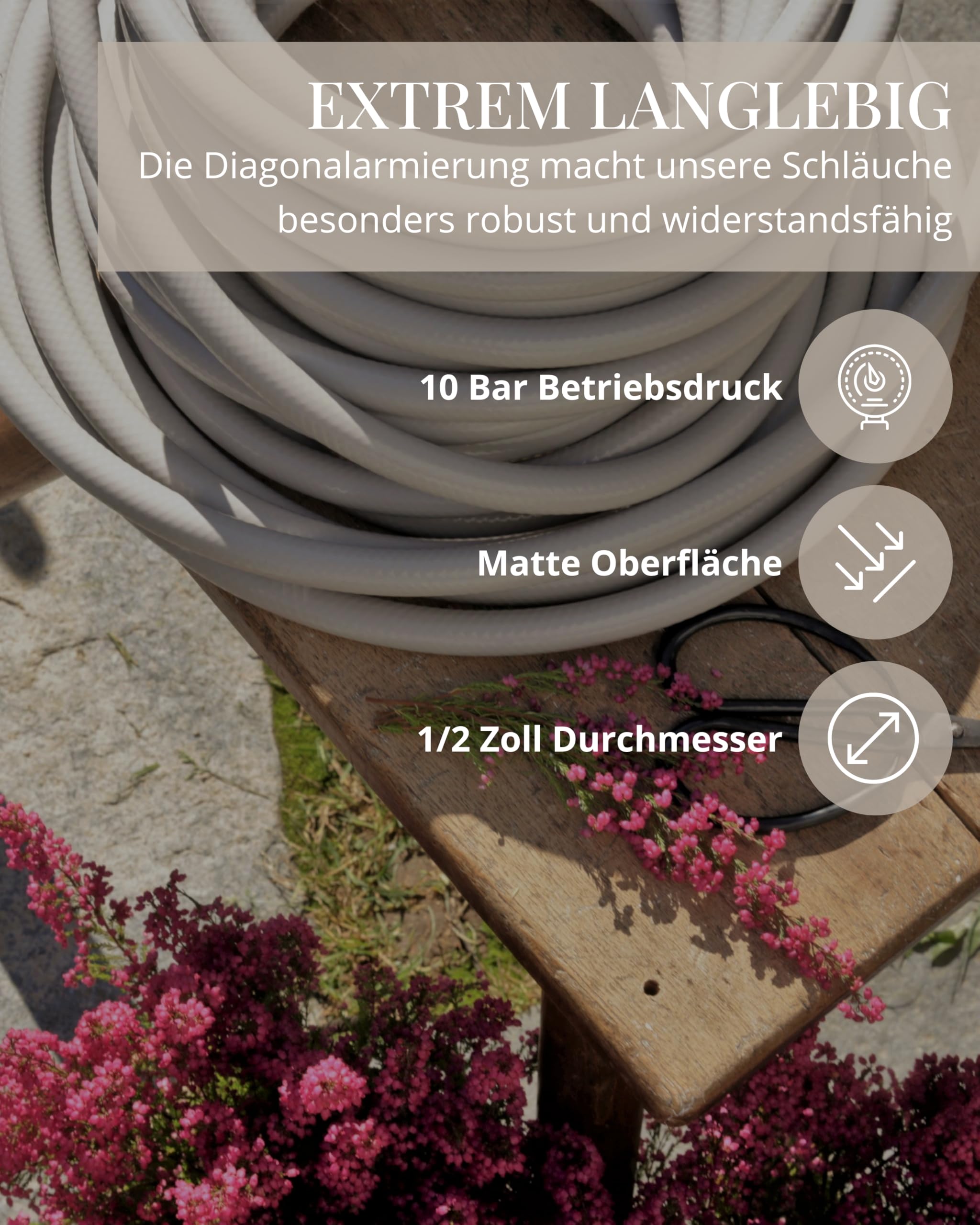 LIVLIG Gartenschlauch 10m im Set, flexibler premium Wasserschlauch mit Schlauchhalter & Gartenspritze Messing, Bewässerungsschlauch inkl. Schlauchanschluss 1/2 Zoll, Bewässerungsset in Greige