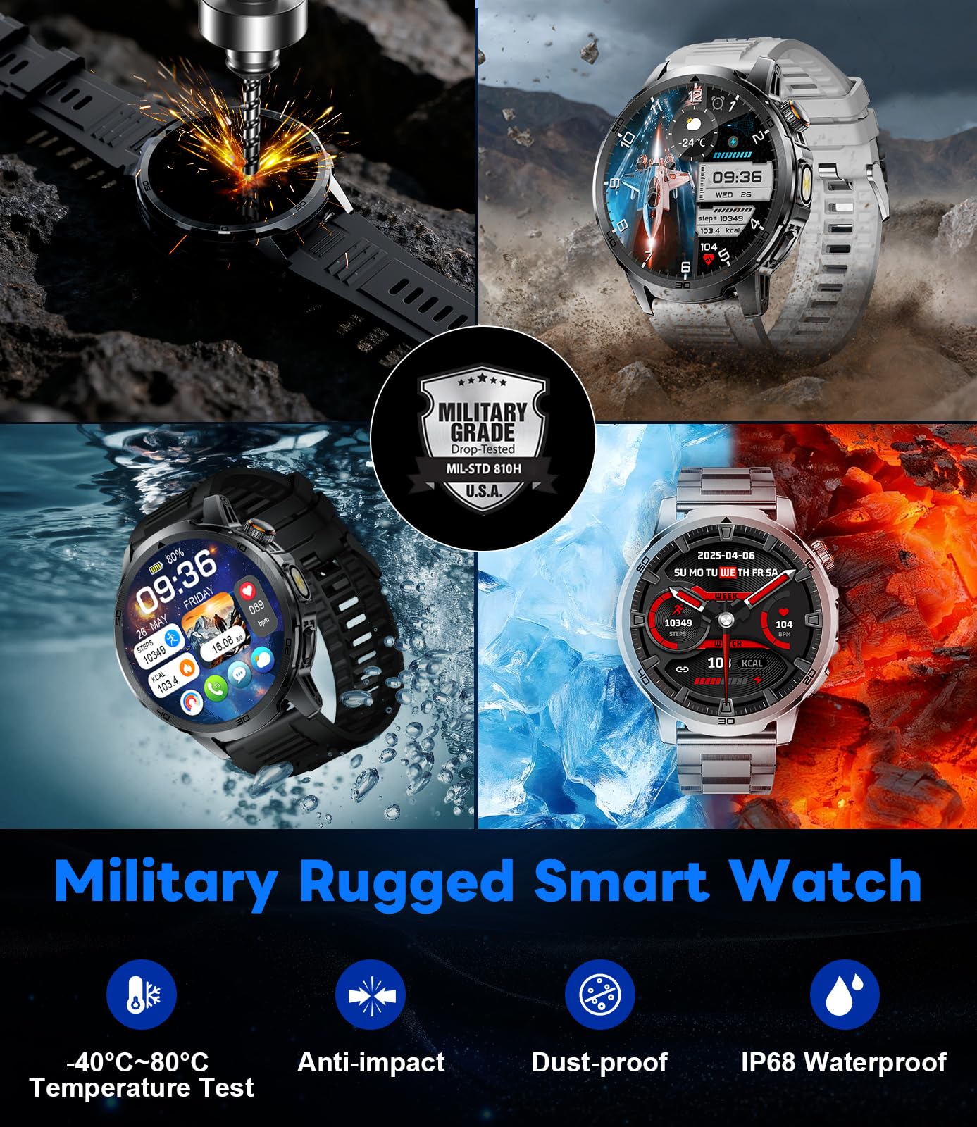 Reloj Inteligente Hombre, Pantalla Grande de 1,85"/Llamada Bluetooth/1000mAh/Torcha LED, Smartwatch Hombre con Frecuencia Cardíaca/Sueño/IP68/110+ Modos Deportivos Android iOS, Negro-Silicona