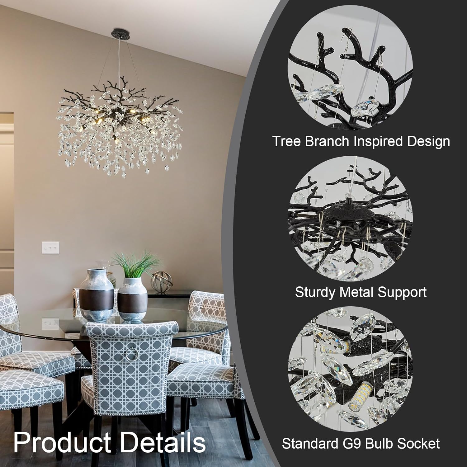 Black Chandelier for Dining Room, 31.5" Moder K9 Crystal Tree Branch Crystal Round Chandeliers for Living Room,High Ceiling,Kitchen Island,Foyer,Staircase,Bathroom