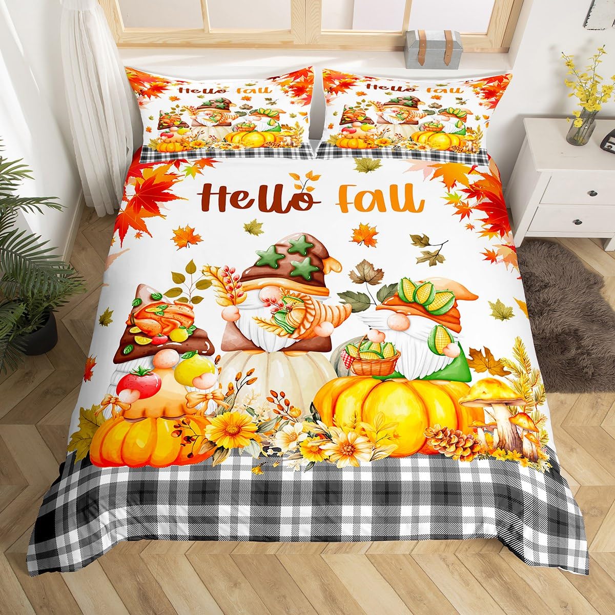 Manfei Hello Fall Duvet Cover Set Single Size, Cute Gnomes Pumpkin Flower Leaves Comforter Cover with 1 Pillowcase, Autumn Harvest Bedding Set 2pcs for Kids Boy Room Decor Lightweight Bedspread Cover