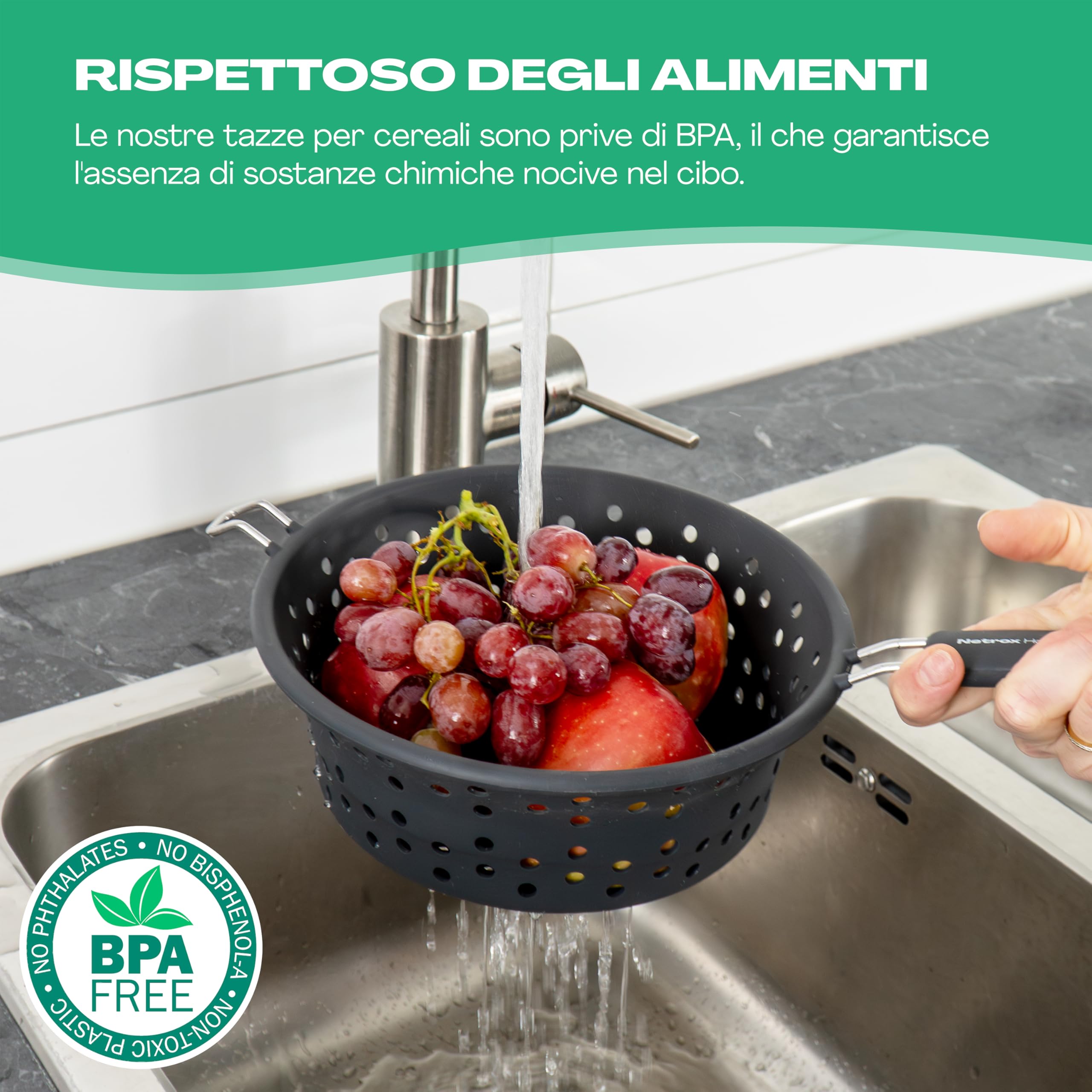 Netrox – Colino da cucina pieghevole in silicone Adatto per alimenti, lavabile in lavastoviglie e senza BPA Scolapasta per pasta con manico per pentola