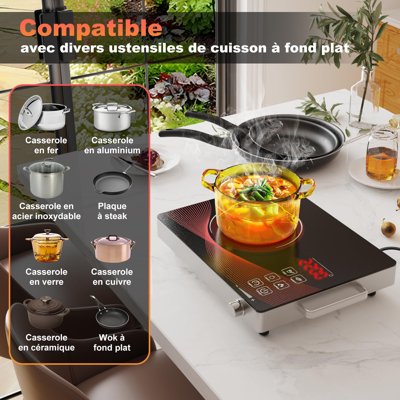 Alemania Plaque de cuisson électrique simple 2200W, plaque vitrocéramique infrarouge portable, réchaud électrique de comptoir, plaque chauffante compacte réglable pour cuisine et camping
