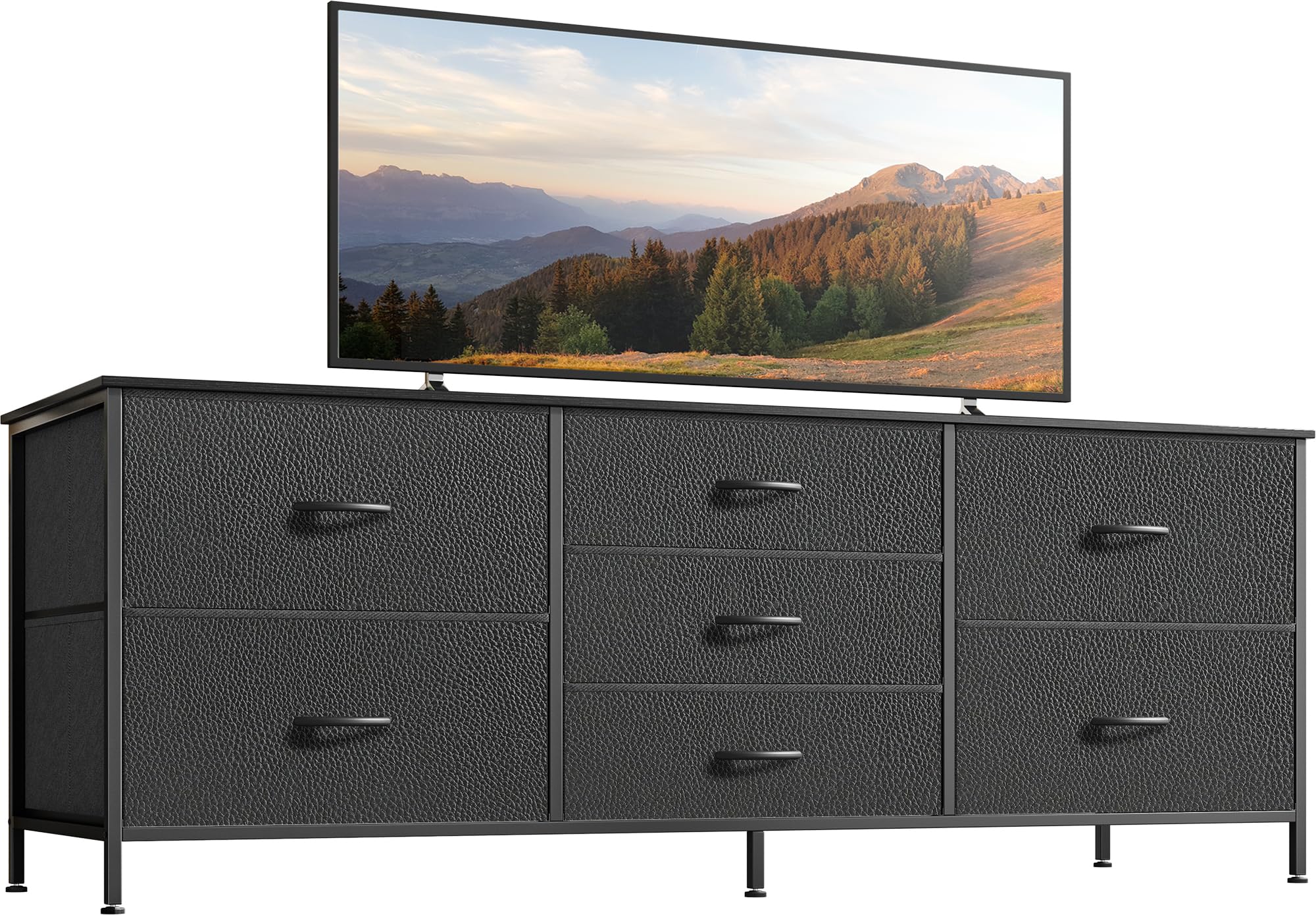 Huuger Dresser for Bedroom, 55 Inch TV Stand for 43, 55, 60 Inch TV, Long Fabric Dresser for Closet, TV Stand with 7 Drawers, Storage, Clothing, Black