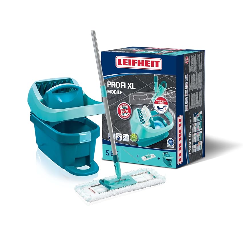 Leifheit Pressa Profi XL Set lavapavimenti, Mop lavapavimenti con strizzatore incorporato, Mop set con rotazione scopa a 360° e secchio con rotelle