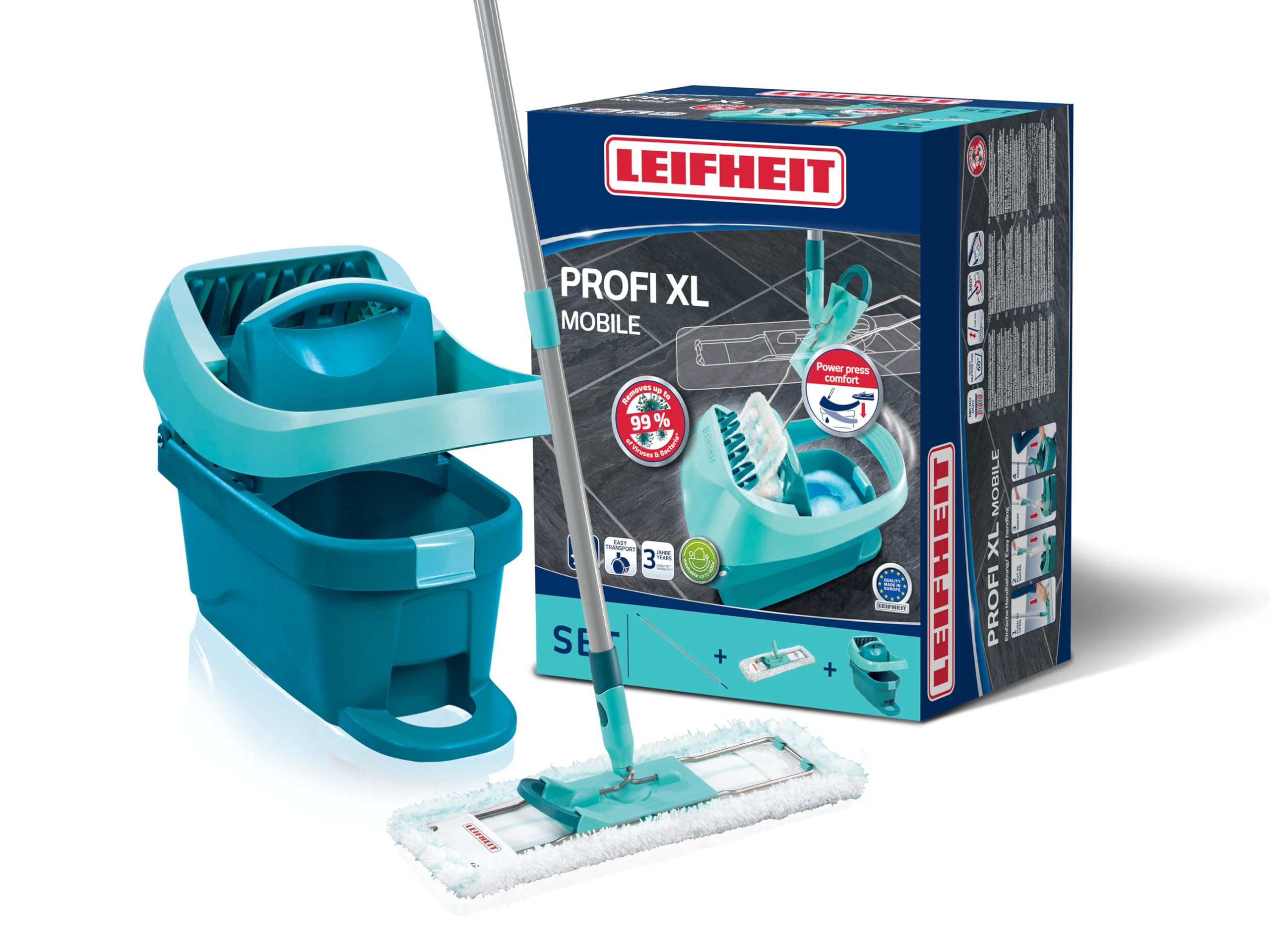 Leifheit Profi XL Mop and Bucket Set, Deluxe 42 cm Large Floor Mop, Easy-Steer Micro Fibre Mop Head and Profi Wringer Bucket with Rollers, Turquoise