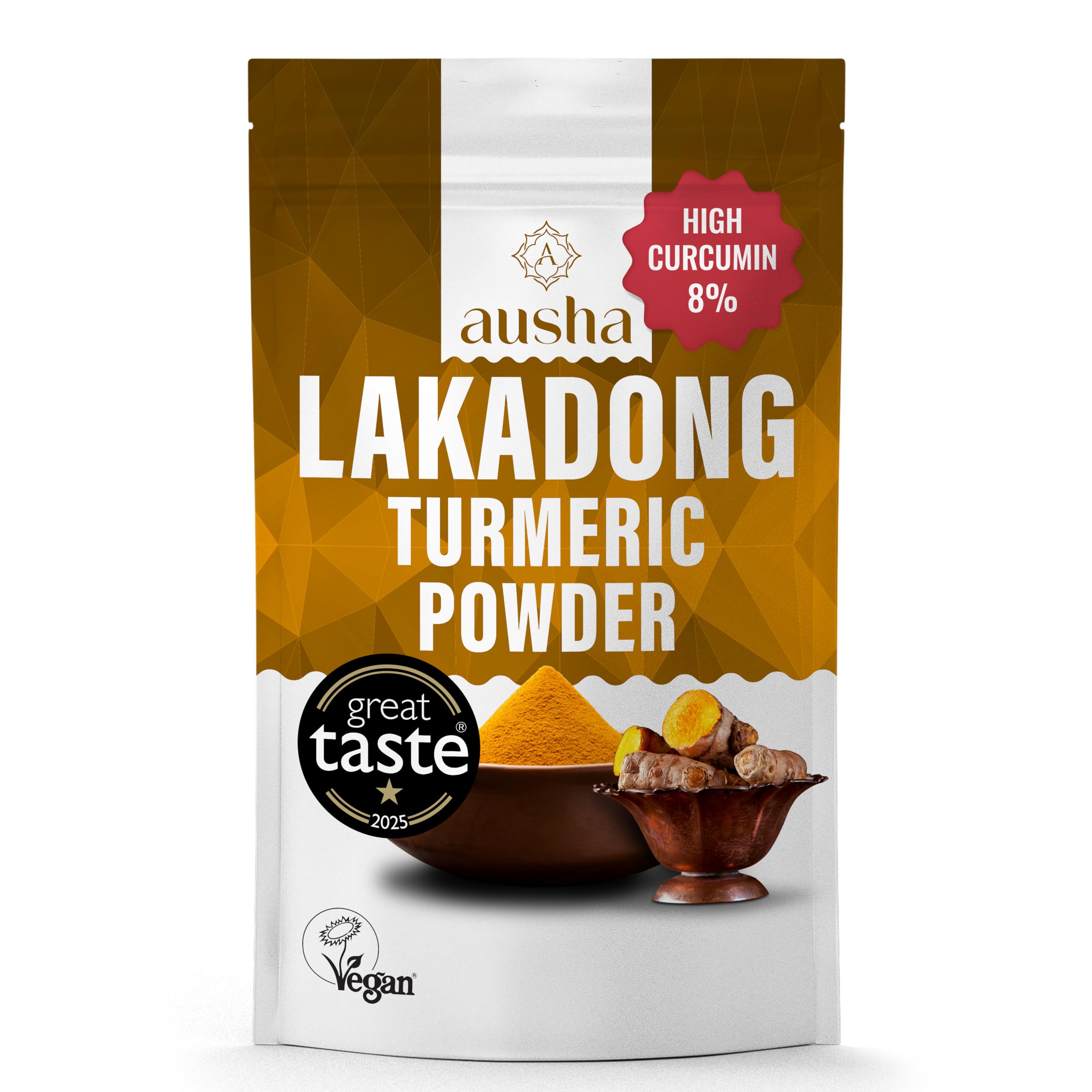 Ausha Lakadong Turmeric Powder 200g - 8-9% High Curcumin - 1* GREAT TASTE AWARD 2025- Use in Turmeric Shot, Cooking, Latte, Tea, Juices, Smoothies