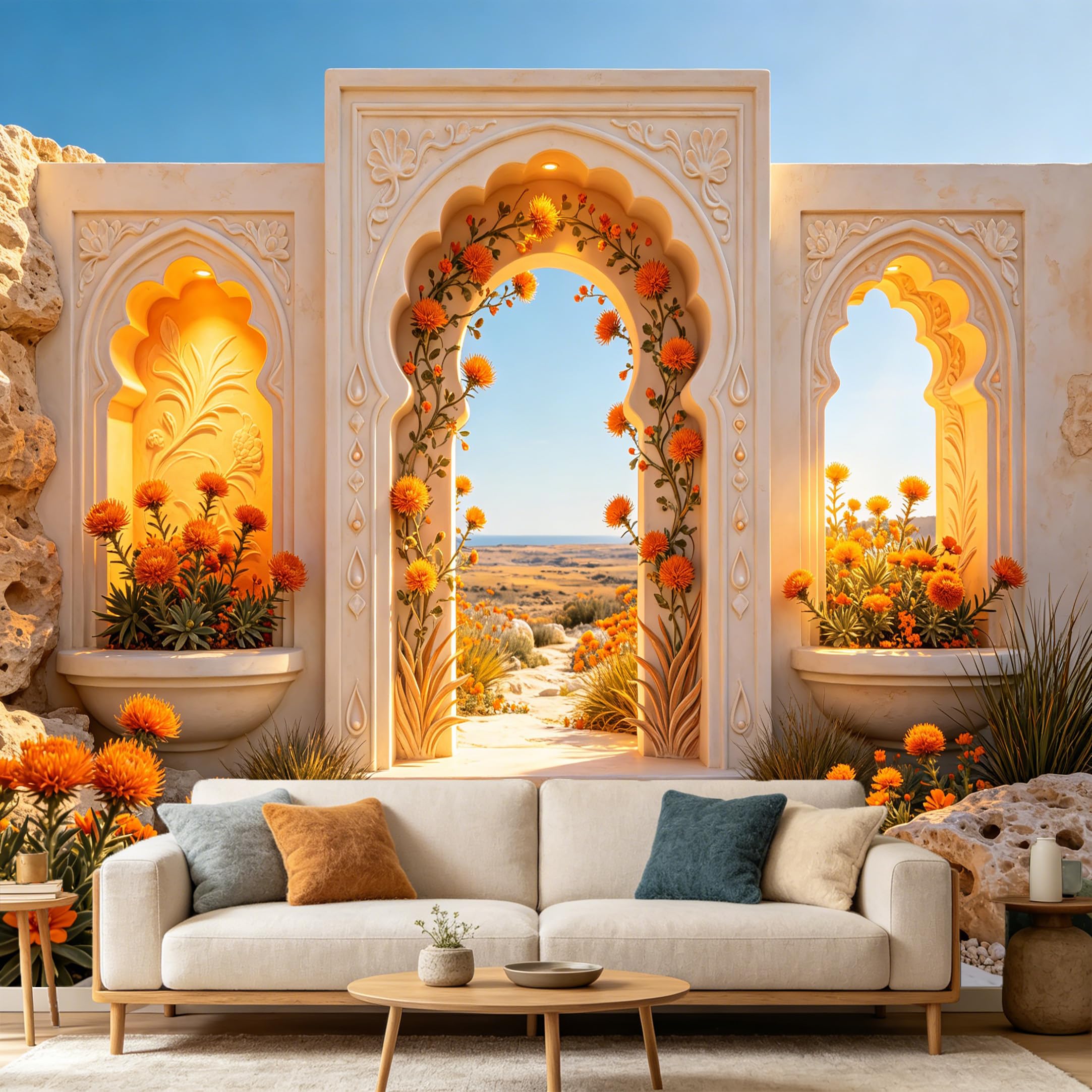 Custom Size Wall Mural， Mediterranean Archway Sunset Orange Flowers， 3D Trompe L'Oeil Landscape， SelfAdhesive Art Prints wall Fabric Removable Large Wallpaper Home Living Room Decor