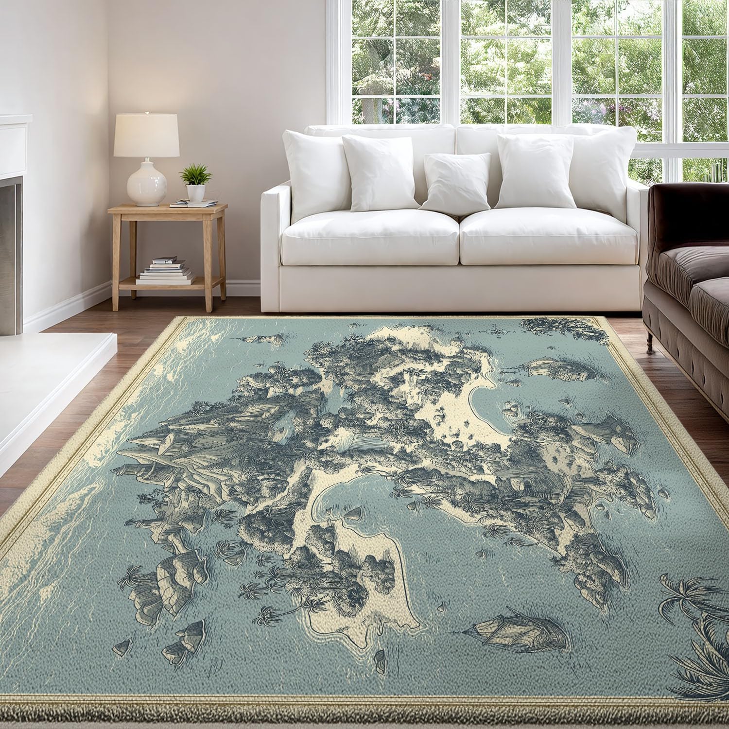 Generico Tappeti stampati 160 x 230 cm, Vintage classico Tappeto antiscivolo Montagna spiaggia giungla linee mappa Studio sala giochi, Tappeti lavabili, Blu grigio