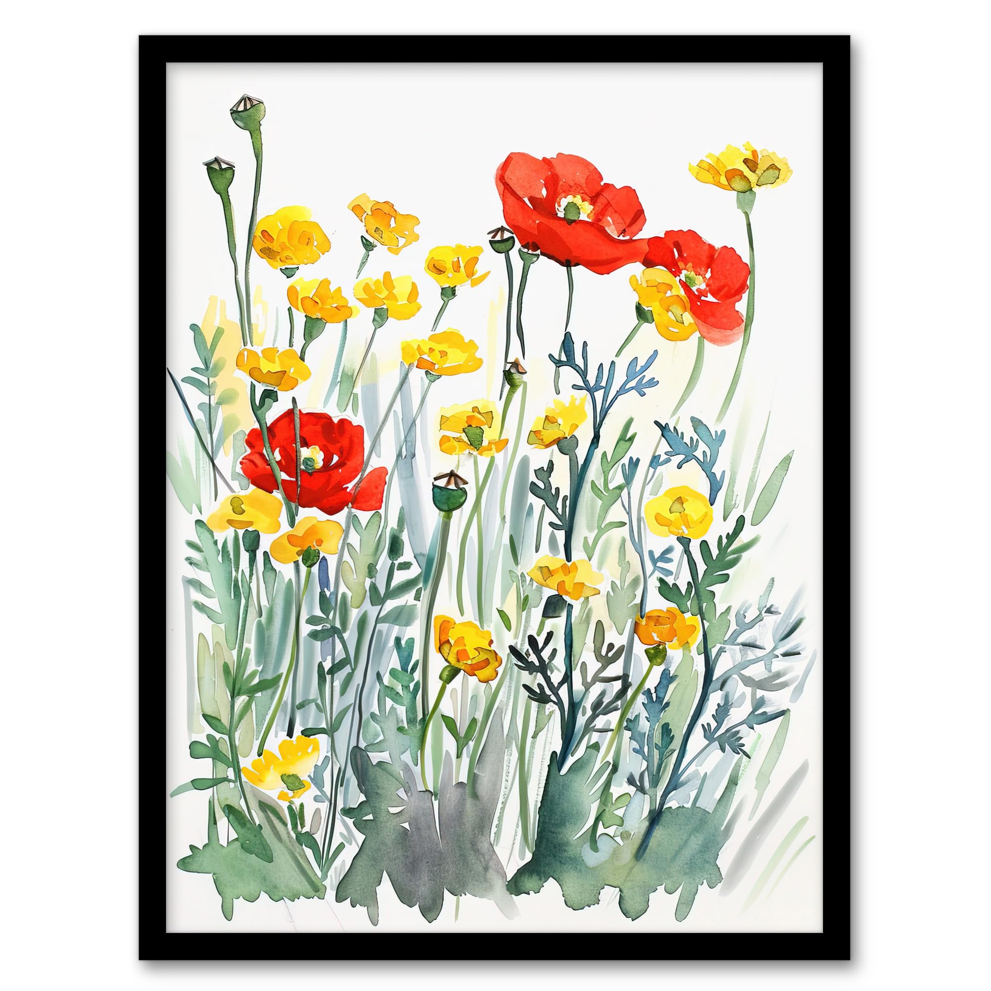 Artery8 Red Poppies and Yellow Marigolds Wildflower Field Living Room Artwork Framed Wall Art Print 18X24 Inch