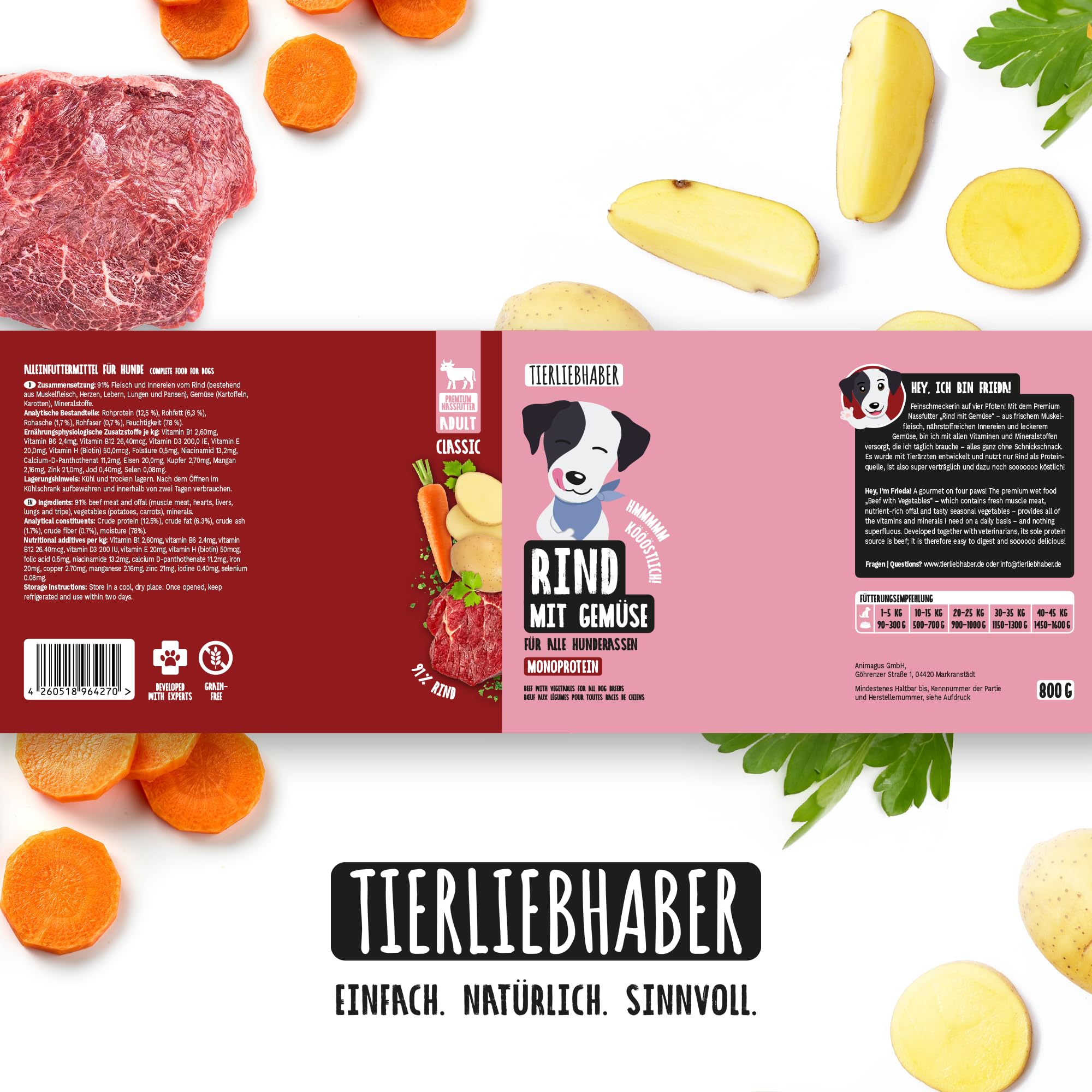 Hundefutter Nass 800g Rind & Gemüse – Hunde Nassfutter 12x800g Wet Dog Food | Tierärztlich entwickeltes Nassfutter für Hunde mit 91% Fleischanteil – 800g Dog Food leicht verdaulich von TIERLIEBHABER