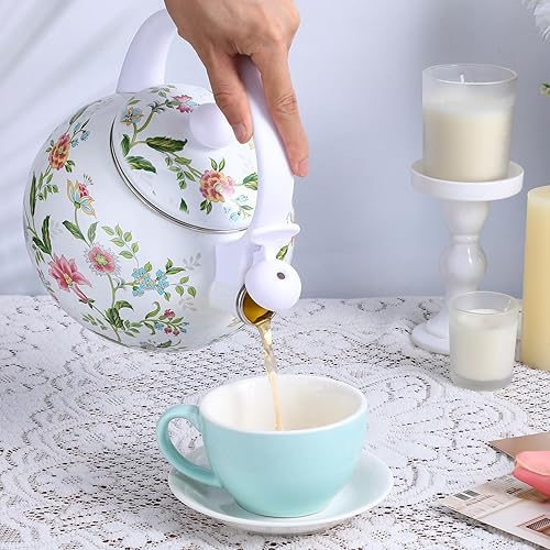 Miniatura 6 de Tetera esmaltada vintage de 2.3 cuartos de galón, tetera silbante para estufa, tetera esmaltada floral en acero para el hogar, cocina, campamento,