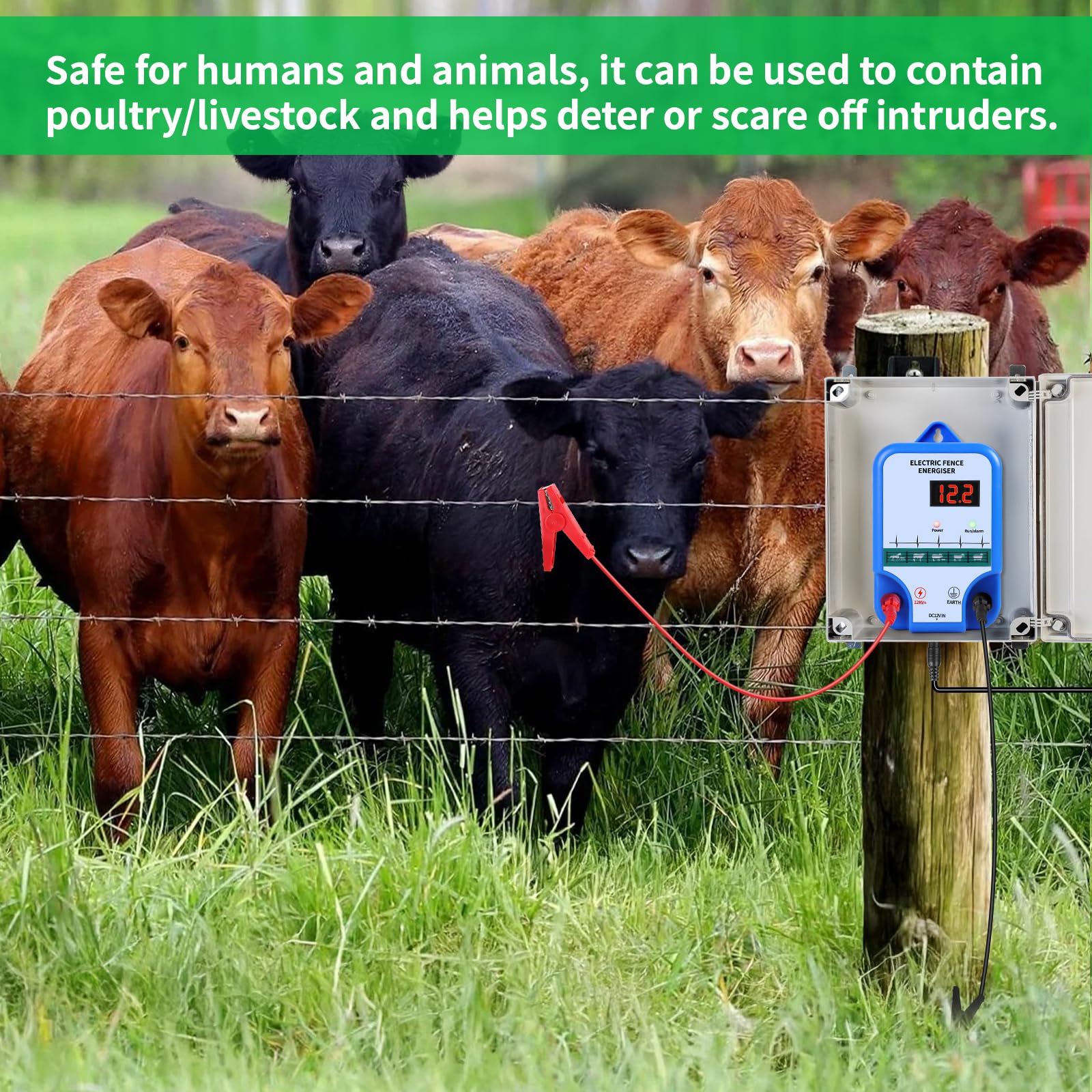 SWAWIS Weidezaungerät 12V mit LED Anzeige Elektrozaun 10km Reichweite Weidezaun für Hunde Hühner Pferde Ochse Schaf Schwein Geflügel,Vieh,Steuergerät zum Schutz von Gärten,Blau