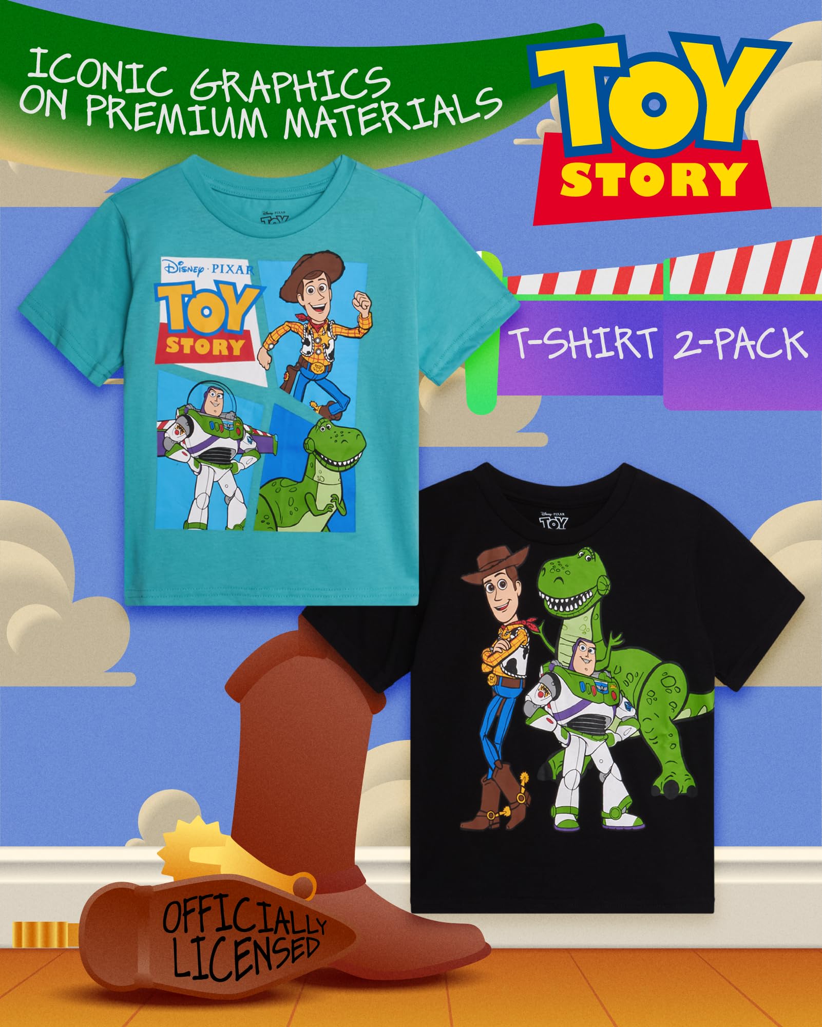 Disney Toy Story Sheriff Woody Buzz Lightyear Rex - Maglietta a maniche corte per bambini e ragazzi, confezione da 2