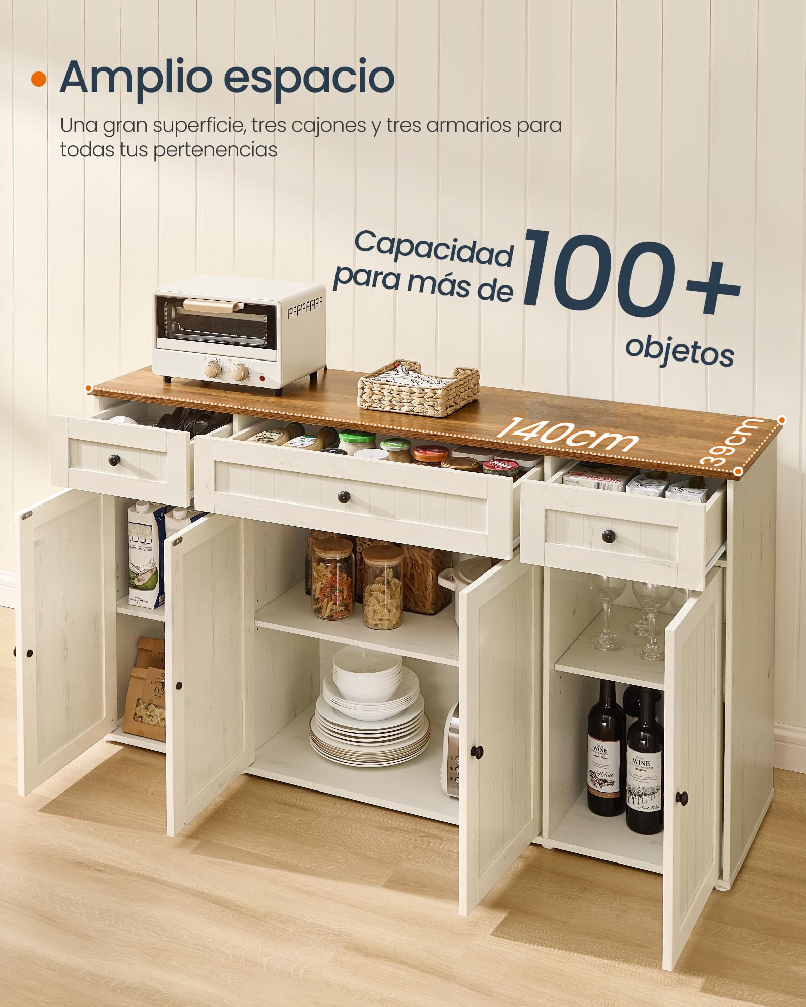 SONGMICS HOME Aparador, Montaje Súper Rápido Sin Herramientas Toolless, Mueble de Cocina con Encimera, Estantes Ajustables, Blanco Rústico y Marrón Miel BBK376WJ02