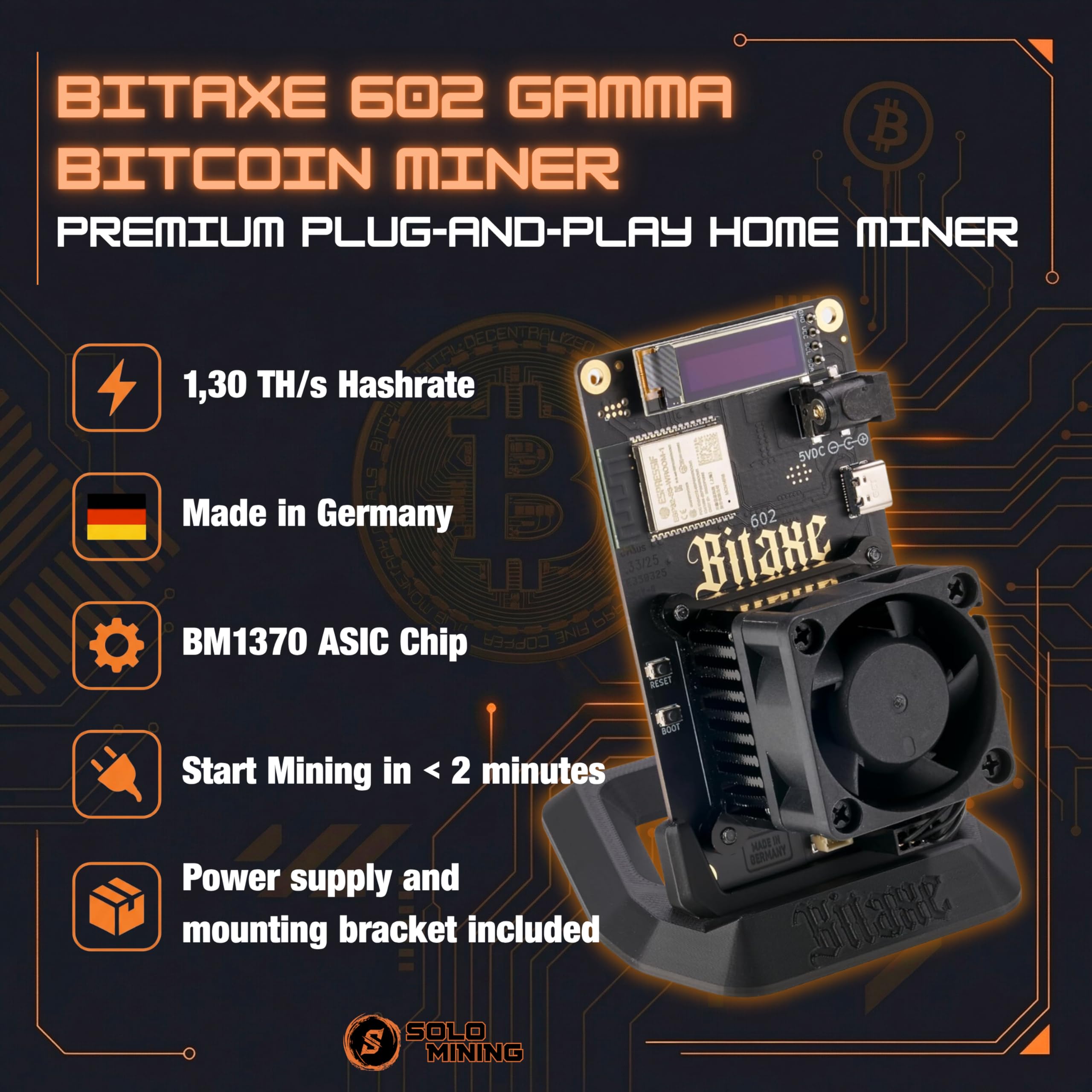 602 Gamma Bitcoin Miner - Premium Plug-and-Play Home Miner | Made in Germany | 1,3 TH/s | wraz z zasilaczem i uchwytem (standard)