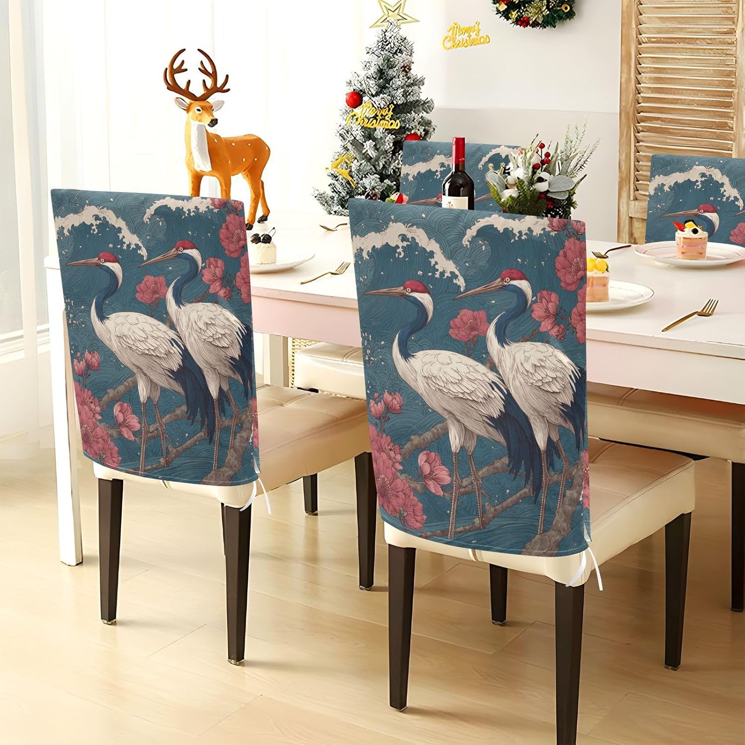 ALAZA Japanese Ocean Waves Cranes Peony Chair Back Cover Set of 6, Washable Reusable Removable Chair Slipcovers Decorative Chair Cover for Home Kitchen Wedding Party