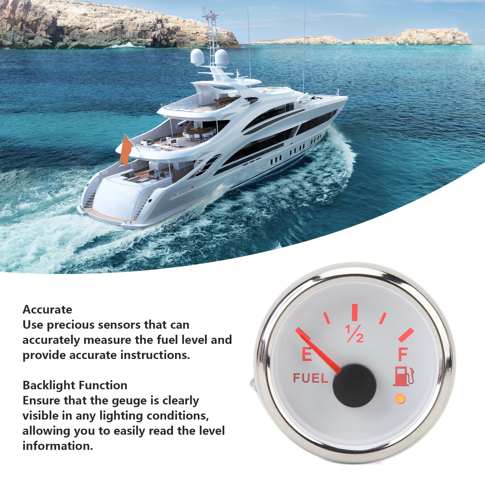Indicatore Livello Carburante Universale Indicatore Livello Carburante Digitale Misuratore Carburante Marino 52mm DC9-32V 240-33ohm per Yacht Barche Pesca (Quadrante