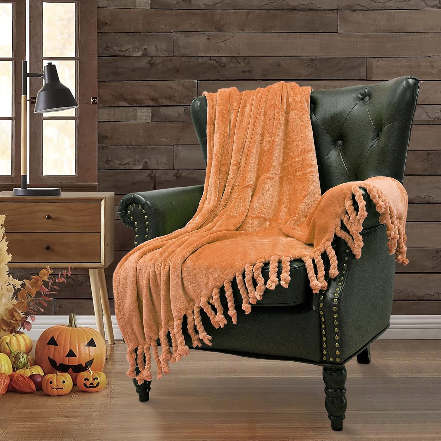 Throw Blankets Couch Cover Flannel Fleece Throw with Braided Rope Fringe Tassels, Plush Cozy Warm Soft Smooth Throw for Couch Sofa Bed Chair Home Décor, 50" x 60", Orange