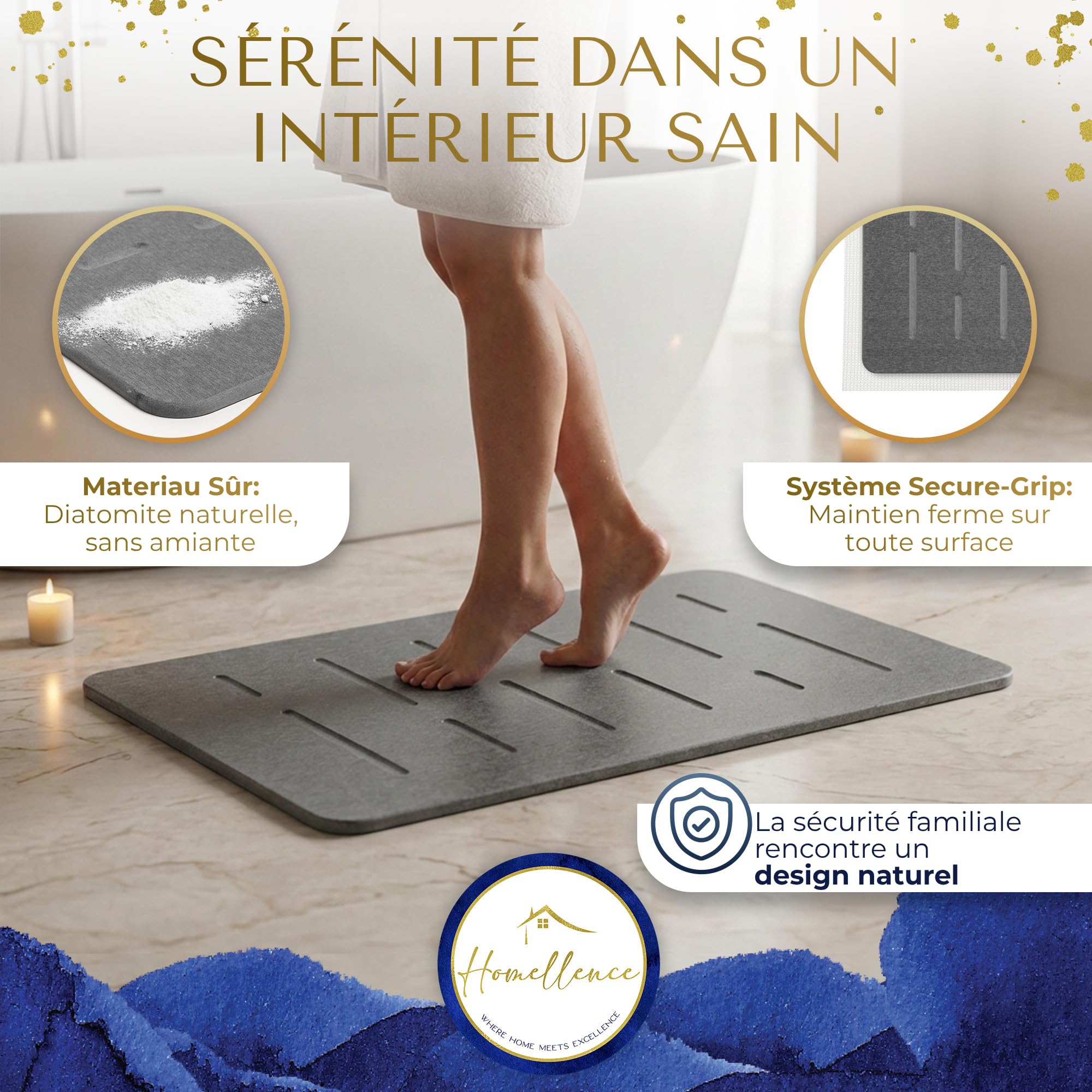Homellence Tapis de Bain Diatomite 60x39 cm - Sortie de Douche Pierre