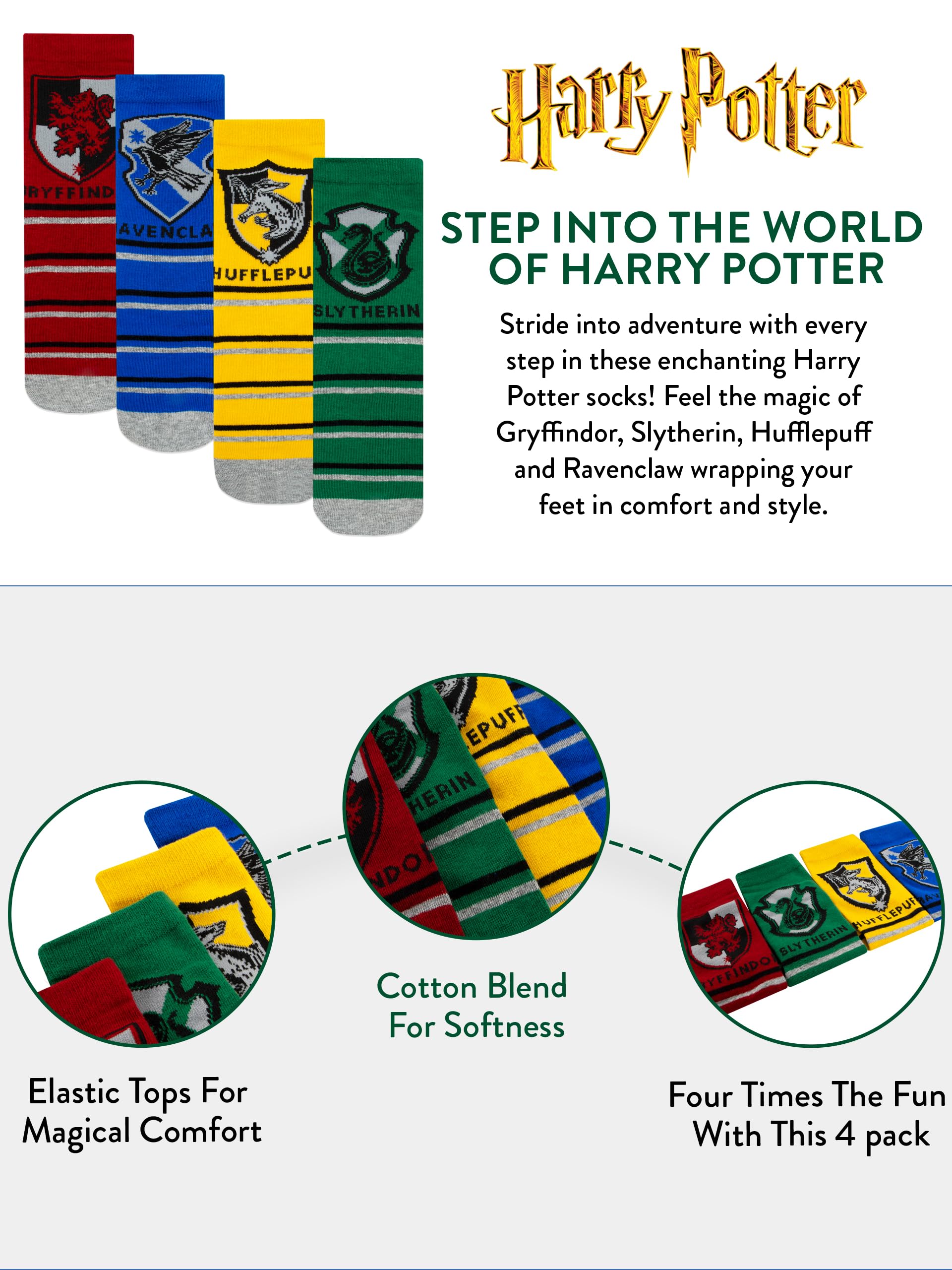 Harry Potter Skarpety 4 Pack | Skarpety Ravenclaw, Hufflepuff, Slytherin, Gryffindor dla dzieci | Chłopięce nietypowe skarpety