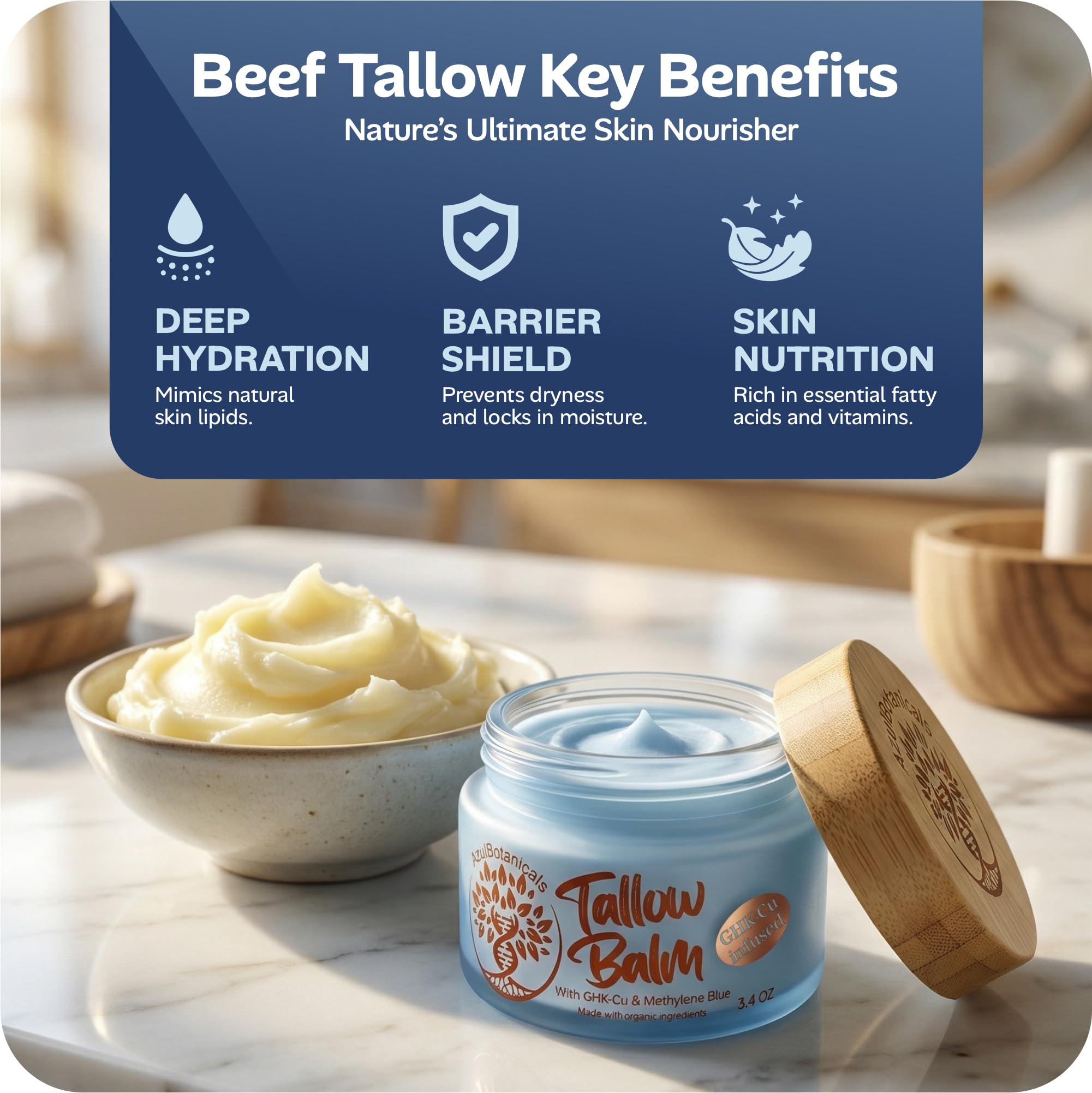 Copper Peptide GHK-Cu & Methylene Blue Infused Whipped Grass Fed Beef  Tallow Balm, Anti-Aging, Fine lines, Wrinkles, Eczema, Acne, Full body 