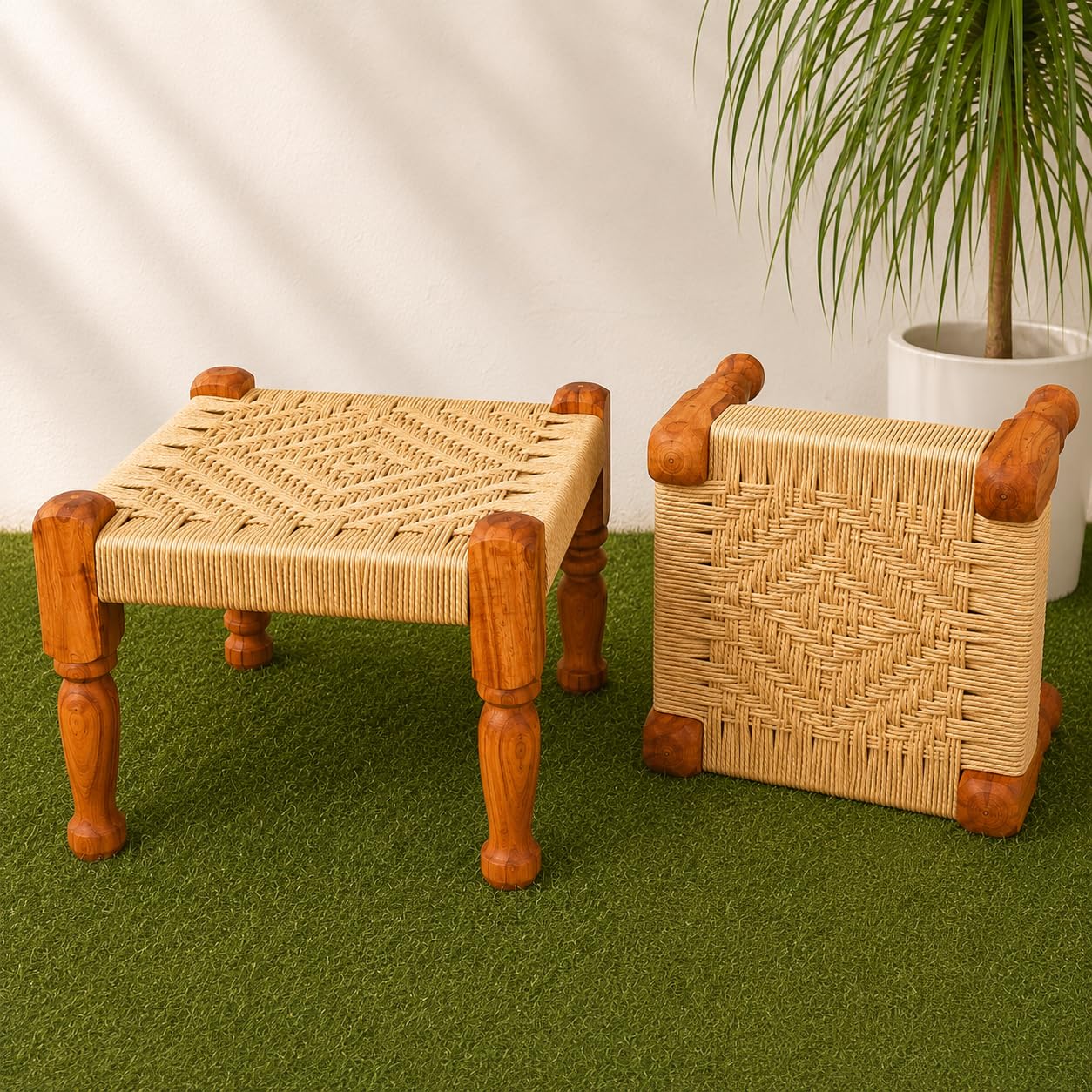 Choki for Pooja Wooden khatli, Stool mudda pidda rajwadi Furniture Handmade Moonj Rope Set of 2 Seating for Adult and Children-picture-21