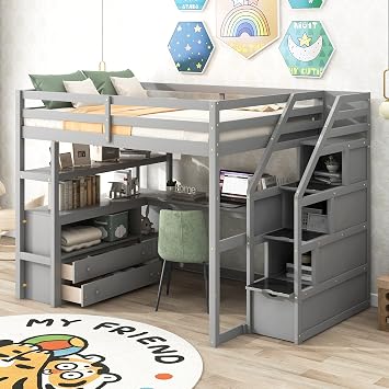 Harper & Bright Designs Full Size Loft Bed with Desk and Shelves, Two Built-in Drawers, Storage Staircase, Gray