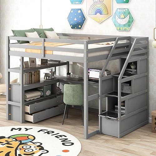 Wooden Loft Bed Frame with Desk and Storage Staircase, Full Loft Bed with Shelves and Two Built-in Drawers, Multifunctionl Loft Bed for Kids Teens, No Box Spring Needed