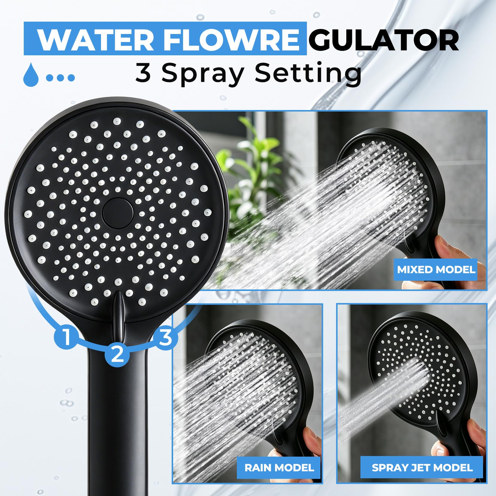 Cabezal de ducha, cabezal de ducha multifunción de alta presión de 8 pulgadas con rociador de mano, brazo de extensión ajustable de ángulo de 11 pulgadas, regulador de flujo/sistema de ducha, negro