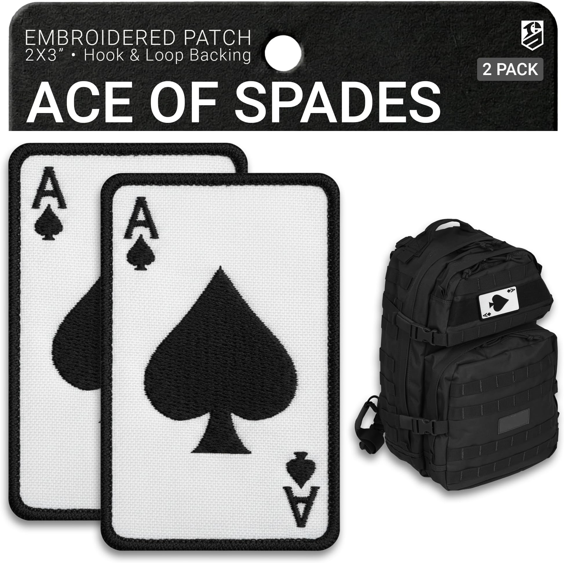 2Pcs Ace of Spades Patch, Death Card, Embroidered Hook and Loop Patches for Jackets, Tactical Vest, Plate Carrier, Military Helmet, Dog Harness, Military Cool Morale Patches, White, 2x3 Inch