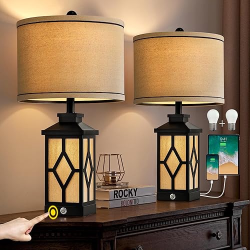 Juego de 2 lámparas de mesa negras táctiles de 23.5 pulgadas para sala de estar, con puertos de carga USB A+C, lámparas regulables de 3 vías,