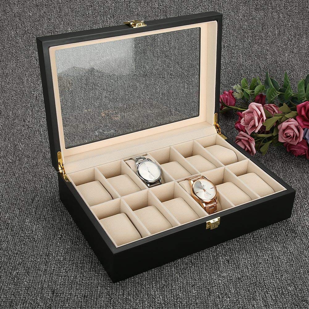 Portaorologio con 12 griglie Vetrina per orologio da polso trasparente in legno, scatola per orologi con fodera in flanella, chiusura in metallo resistente, organizer per 12