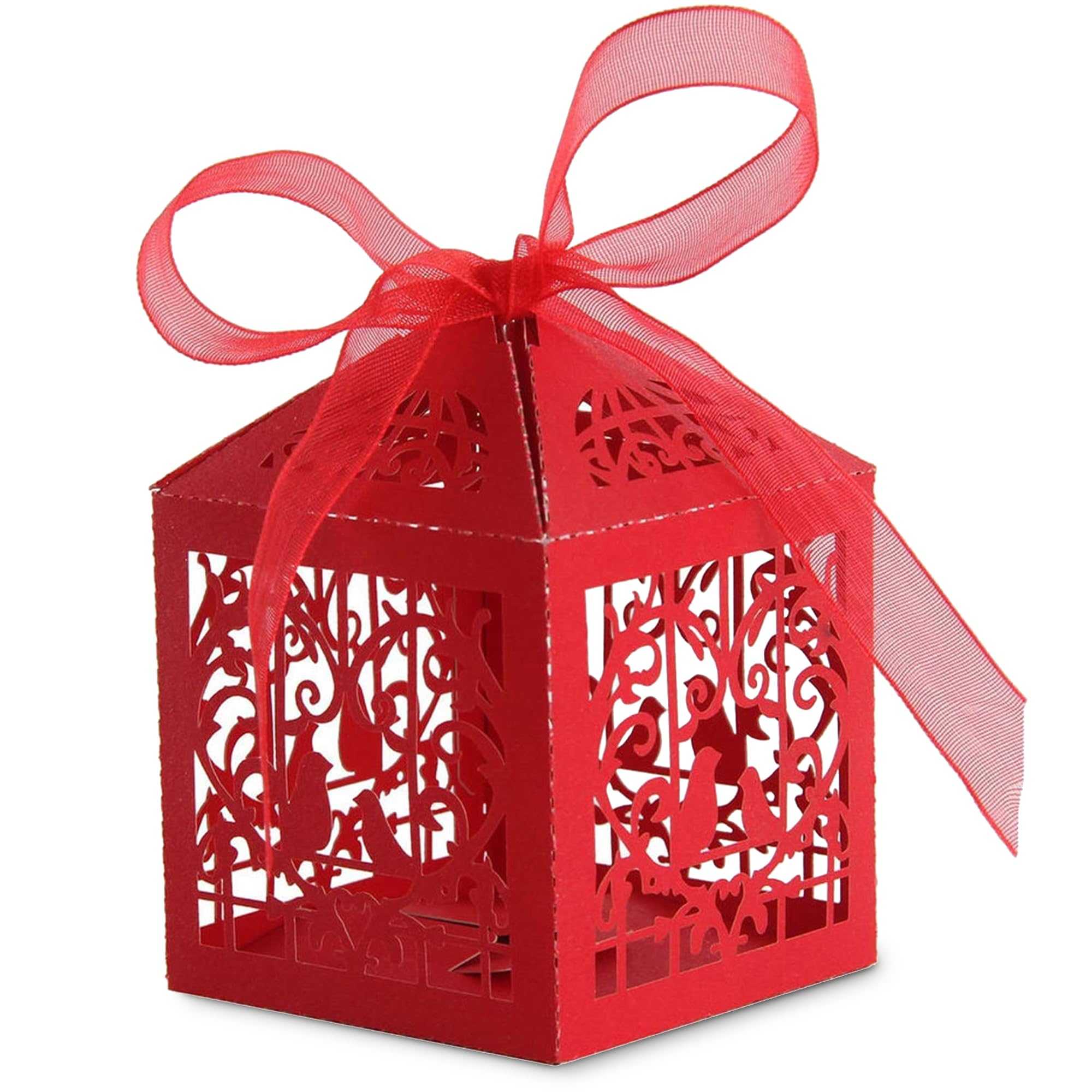 Trimming Shop 100pcs Love Birds Wedding Favour Boxes with Organza Ribbon Laser Cut Gift Boxes for Candy Chocolate Sweets Guest Party Decoration Baby Shower - 5cmx5cmx8cm, Red โ image 1