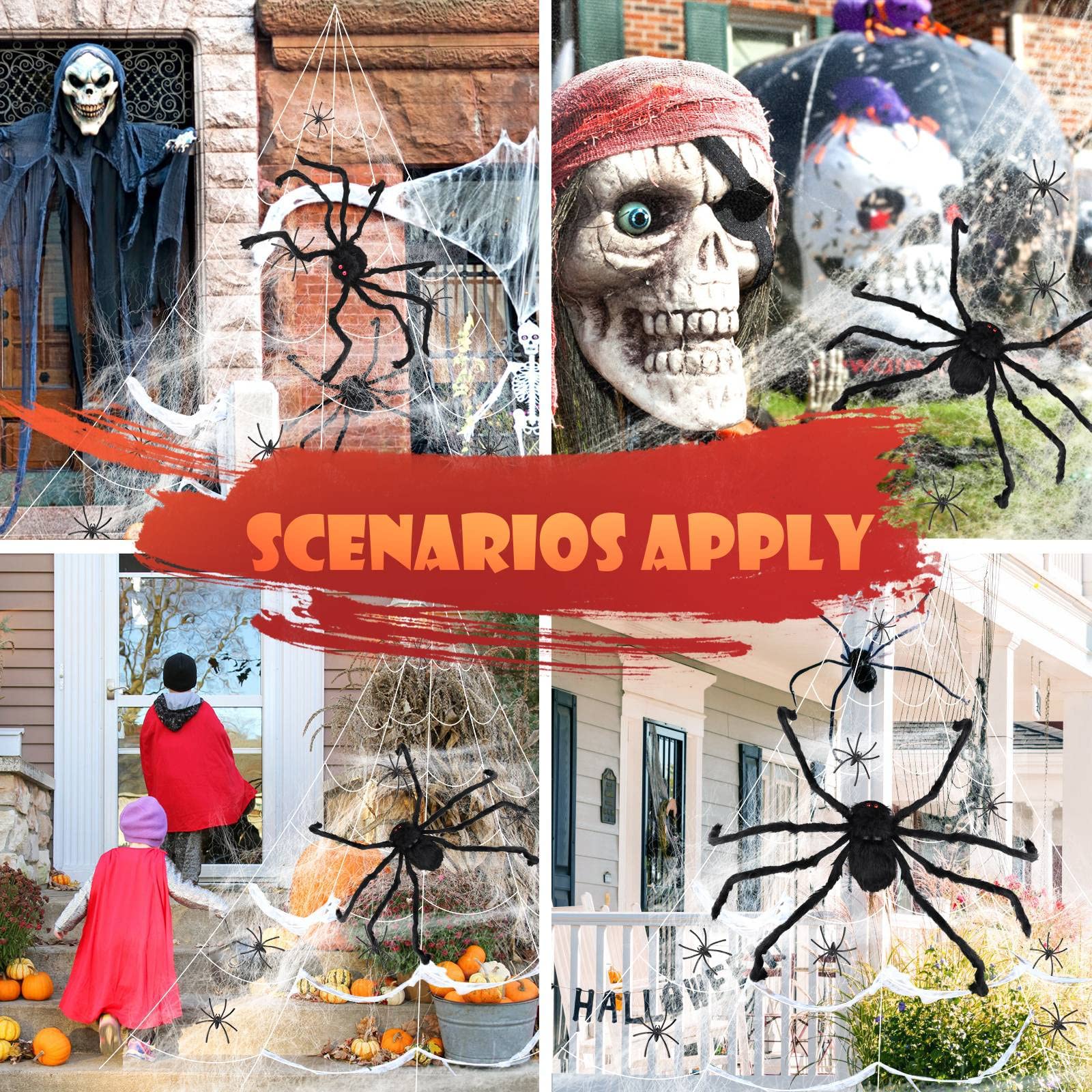 Ensemble Décoration Halloween Toile D'Araignée Géante 360cm Avec 2 Araignées + Soie D'Araignée + 10 Petites Araignées - Pour Cour Et Maison - 4