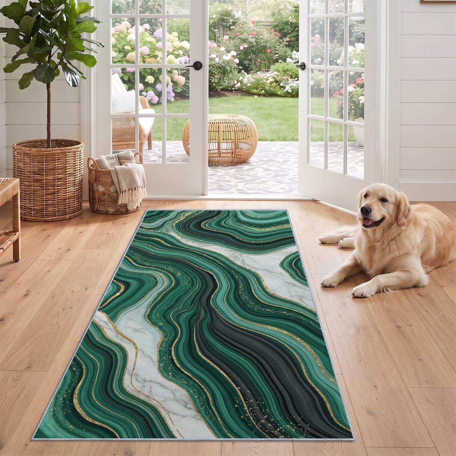 Tappeto passatoia moderno astratto per corridoio, verde e oro, 60 x 240 cm