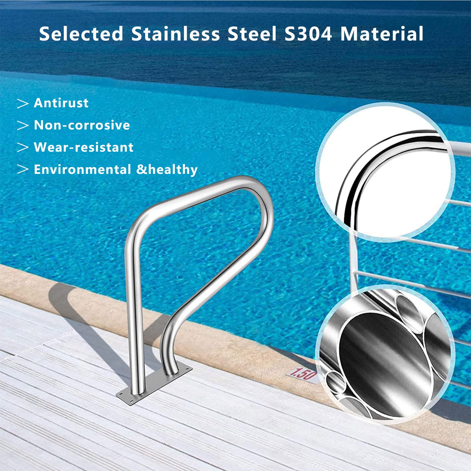 Barandilla para Piscina – 80 x 57 cm – Barandilla de Escalera Plegable de Acero Inoxidable 304 para Piscinas enterradas, Capacidad de Carga de 200 kg