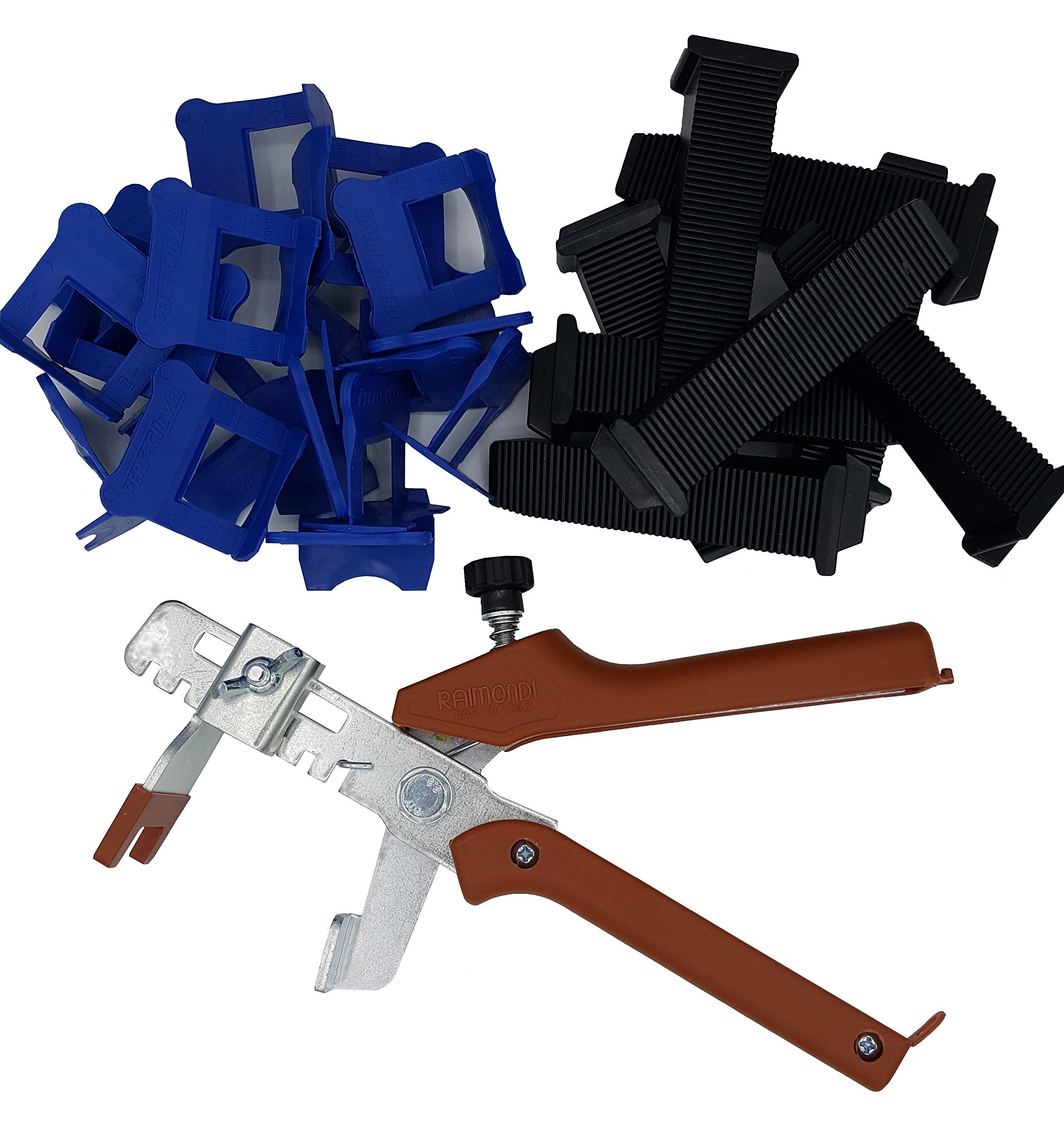 Kit nivellement carrelage 1mm 1500 clips (bases) + 500 coins (cales) + 1 pince métallique Raimondi. Perfect Level Pro, croisillon autonivelant professionnel