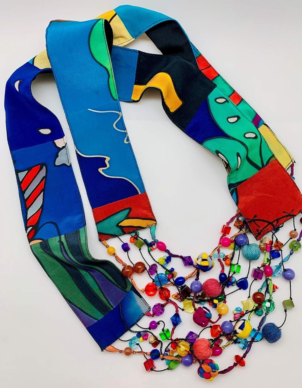 Women's Reversible Handmade Scarf Necklace, Infinity Style, Hand Painted Silk with Non Precious Bead Accents - LRW DESIGNS