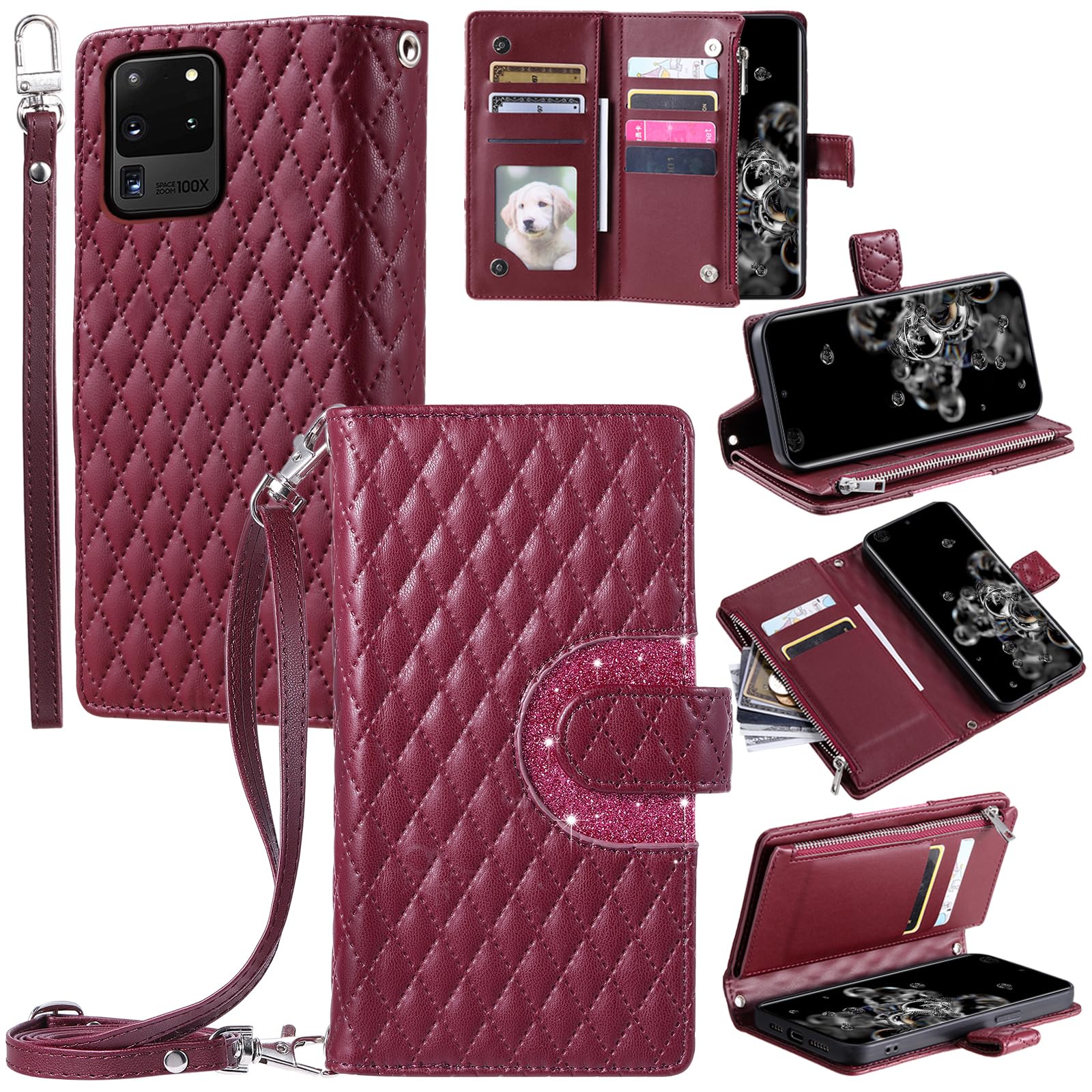 Furill Phone Case for Samsung Galaxy S20 Ultra 5G Wallet Cover with and Crossbody Wrist Strap Shoulder Strap 9+ Card Slots Zipper Purse Leather Stand