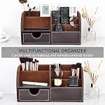 KINGFOM Pu Leather Desk Organizer Pen Pencil Holder Office Supplies Caddy Storage Box 6 Compartments with Drawer Brown (Half Pu)