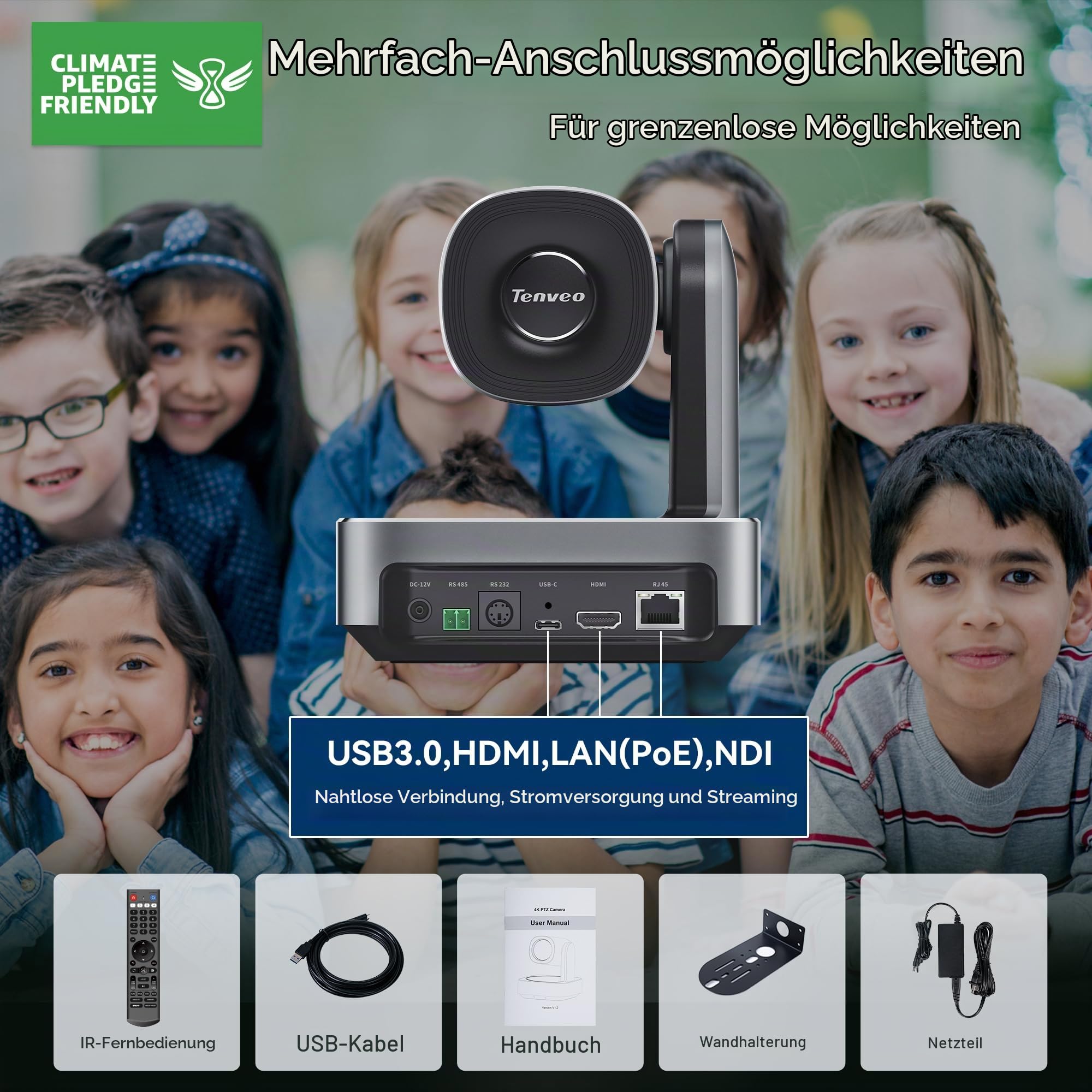 Tenveo 4K PTZ Kamera mit NDI & AI-Tracking – 12x Optischer Zoom, USB3.0/HDMI/PoE, für Live-Streaming (OBS/vMix), Kirchen, Konferenzen