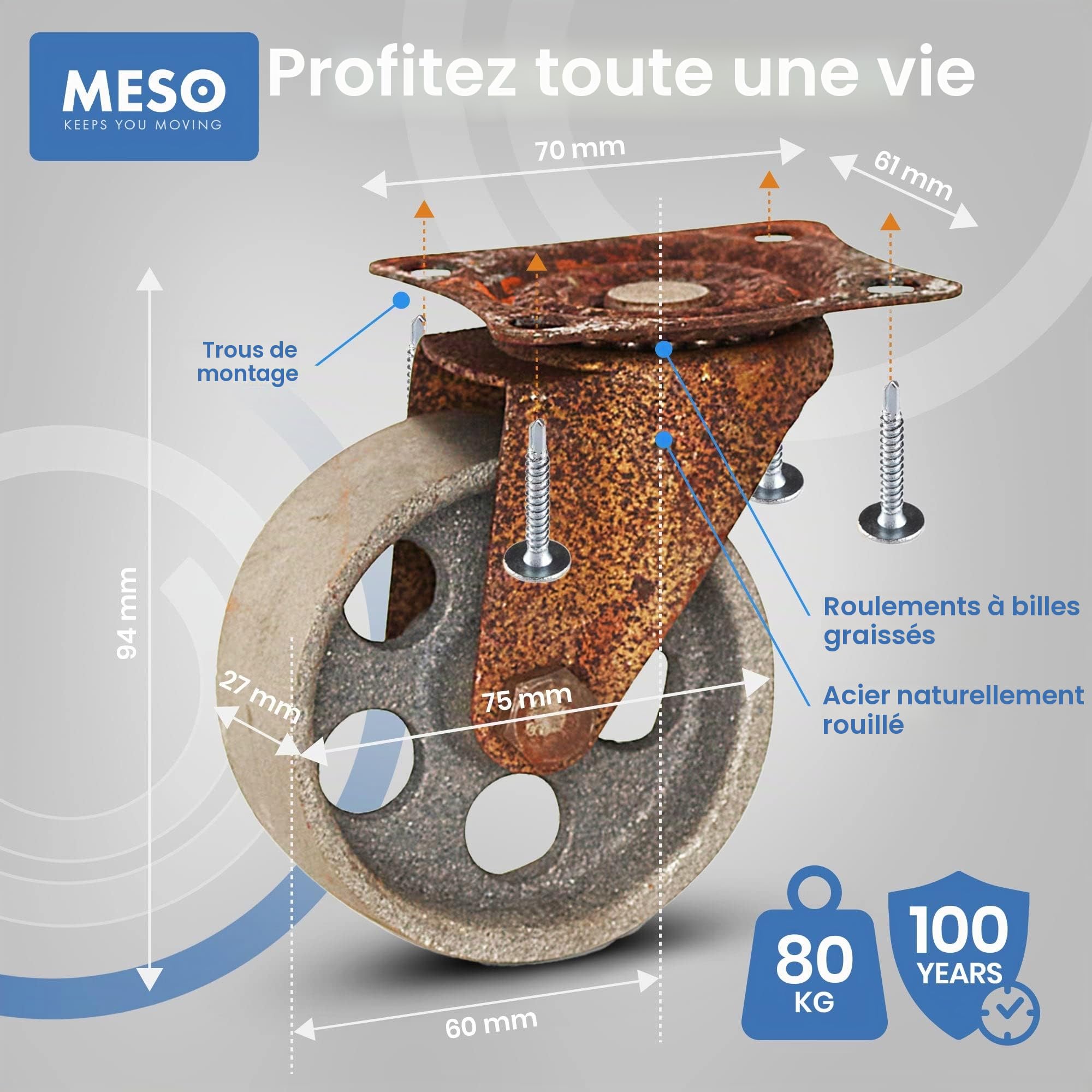 Roulette Charge Lourde - Métal Vintage Roulettes pour Meubles 75mm - Roues pivotantes rustiques de couleur en métal - Ensemble de 4 - Capacité de 4x80KG / 320KG