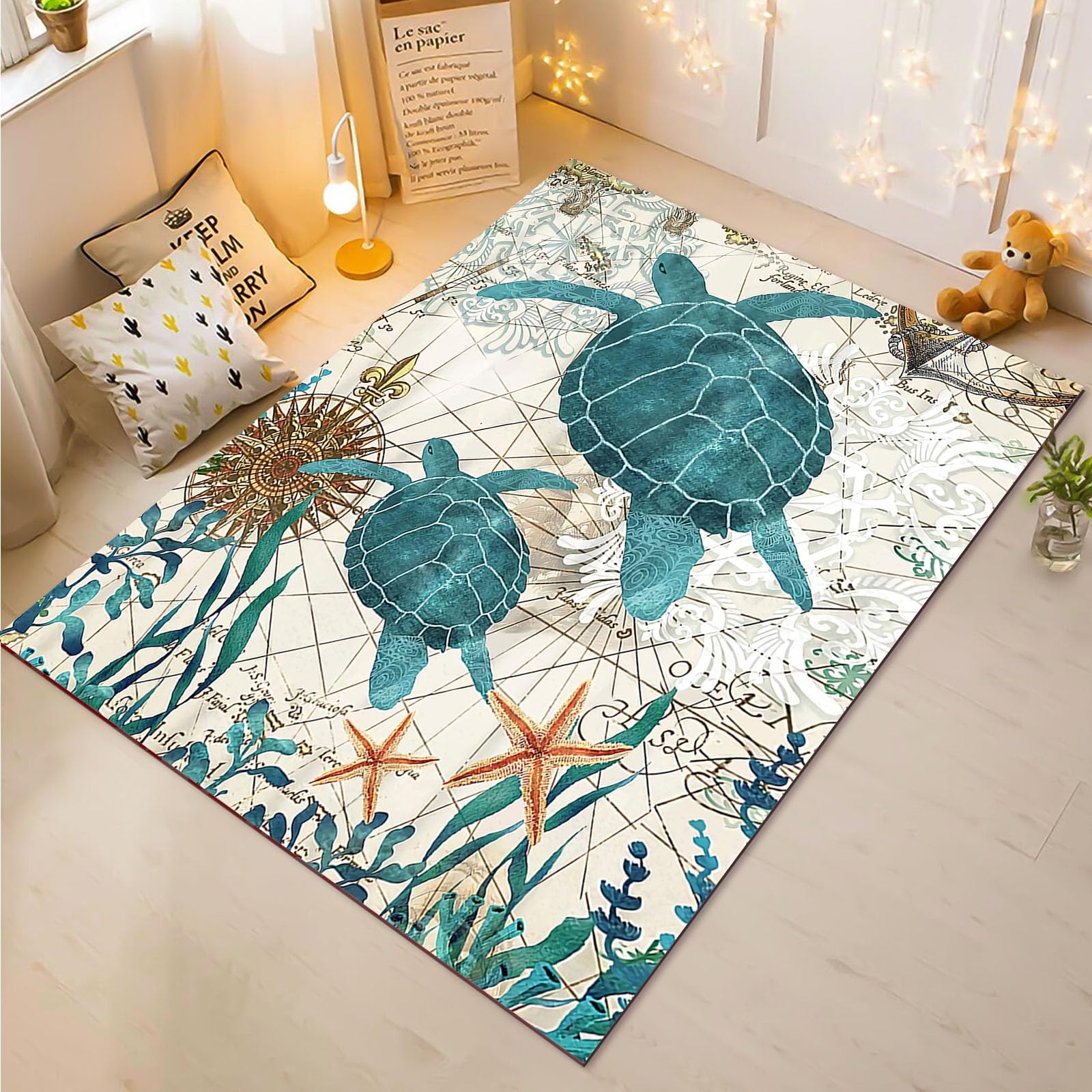 Tapis chambre enfant tortue de mer doux et grand pour jouer au sol