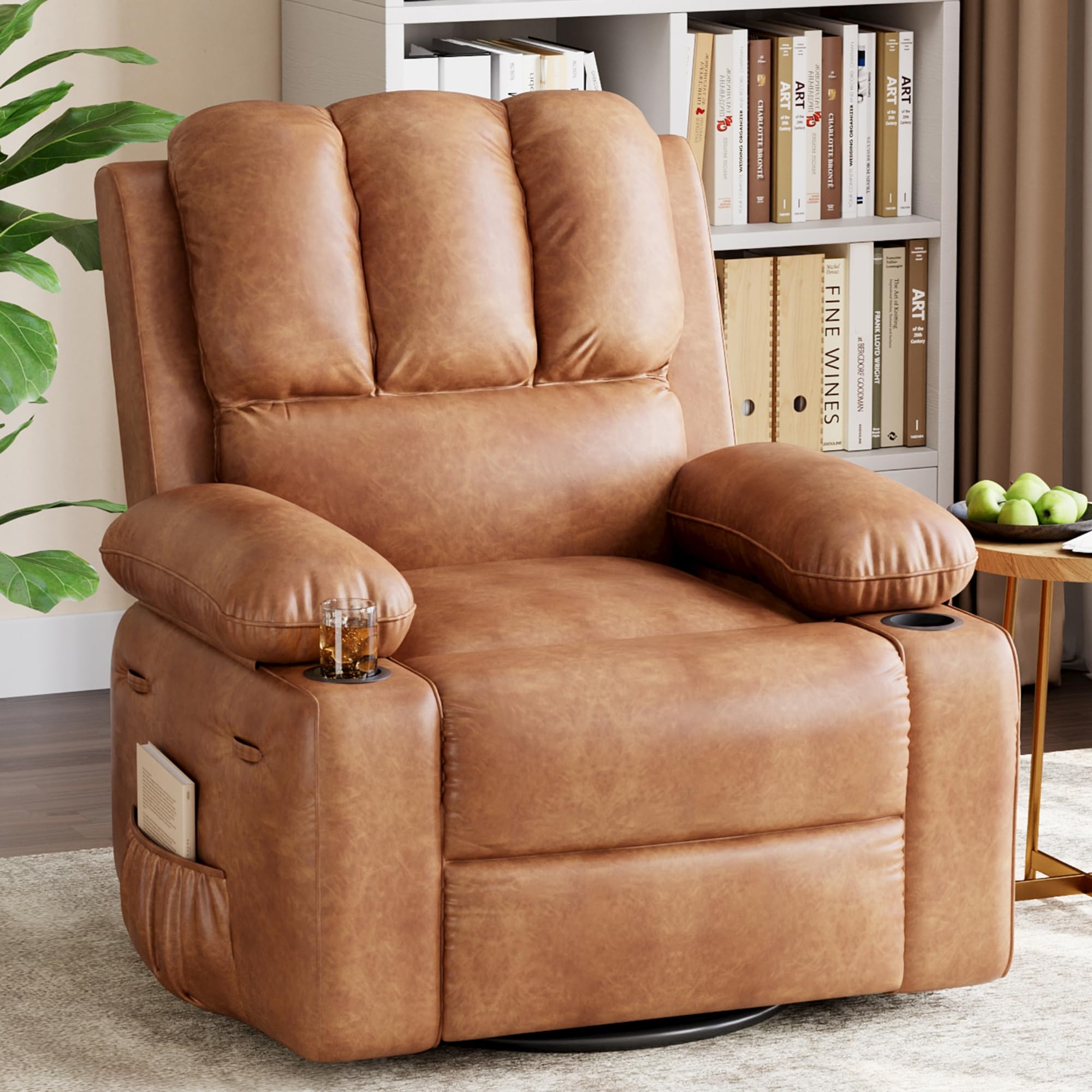 Oversized Recliner Chairs with Massage and Heat, Leather Recliner Chair for Adults, Manual Chair with Cup Holder for Living Room, Bedroom and Nursery,