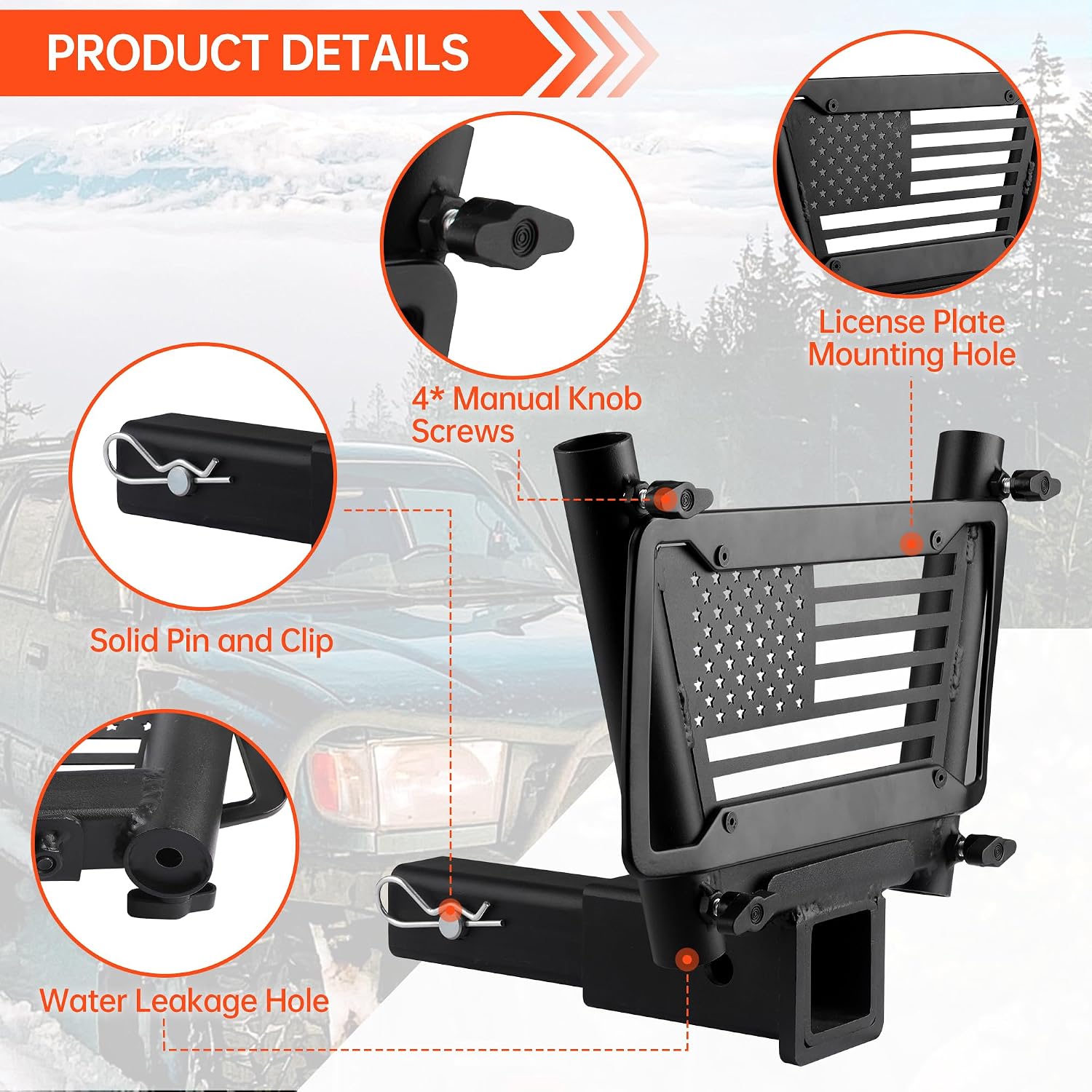 Trailer Hitch Flag Pole Holder, 2'' Trailer Receiver, Truck Flag Pole Mount Kit for Tailgate Party & Road Trip, Hitch Mount Flagpole Holder with License Plate Holes fit for Jeeps, Trucks, SUV