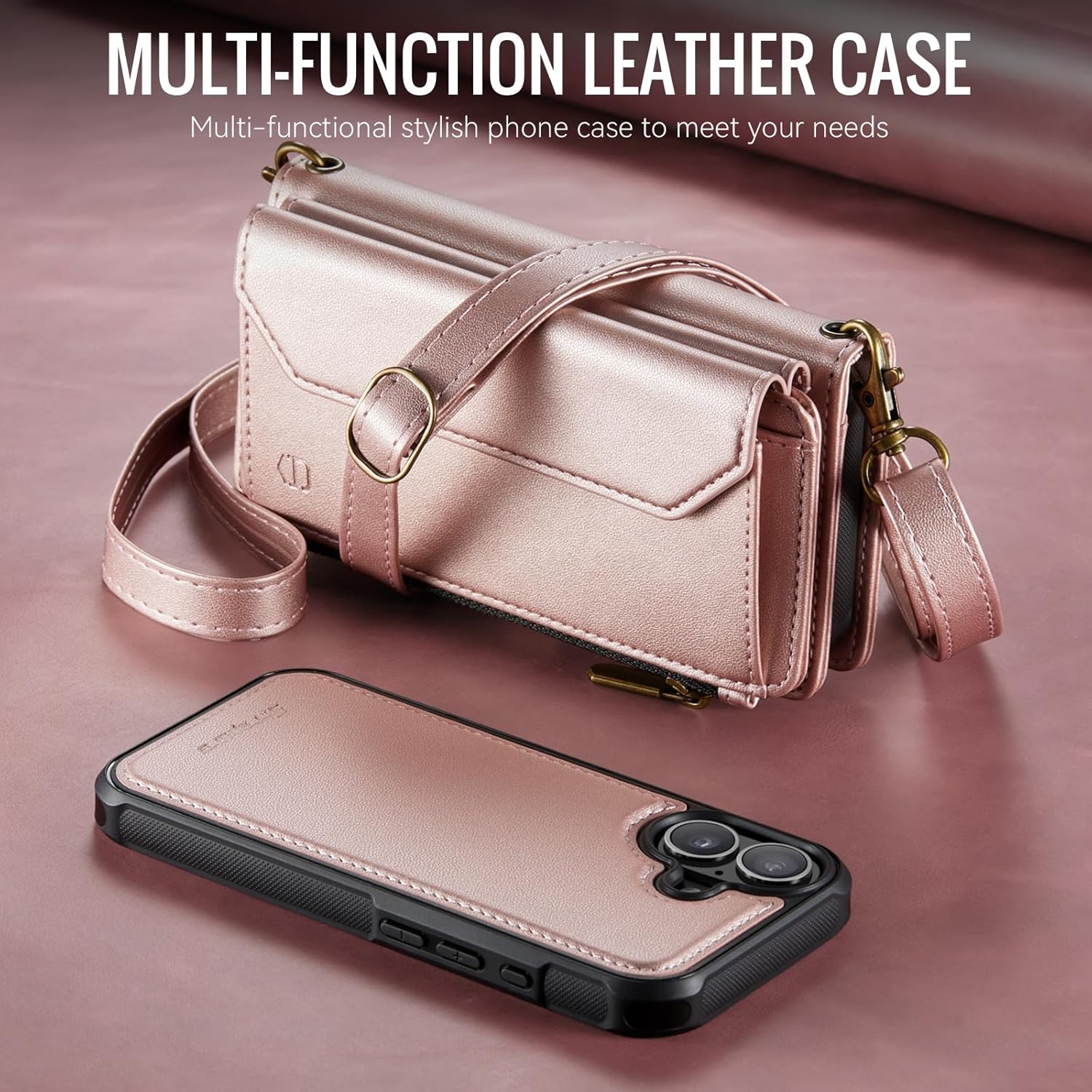 for iPhone 16 Detachable Wallet Case Compatible with Magsafe for Women, RFID Blocking 9-Card Holder Zipper Wrist Strap Lanyard PU Leather Magnetic Phone Case for iPhone 16 6.1", Rose Gold - Image 6