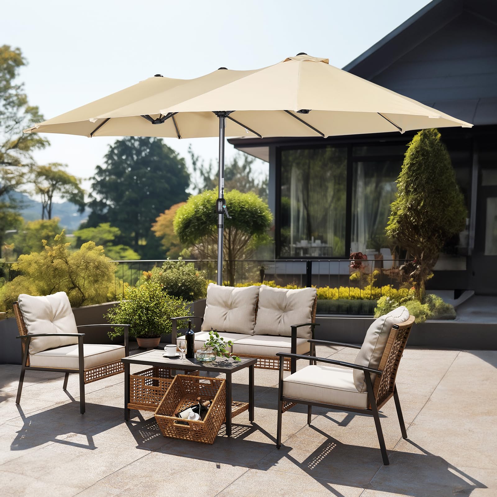 Angel Living Ombrellone da Giardino Doppio, Parasole in Tessuto di Poliestere, Ombrellone Gigante per Giardino, Patio e Terraza, Protezione Solare UV, 4.6 x 2.7 x 2.4 m (Beige)